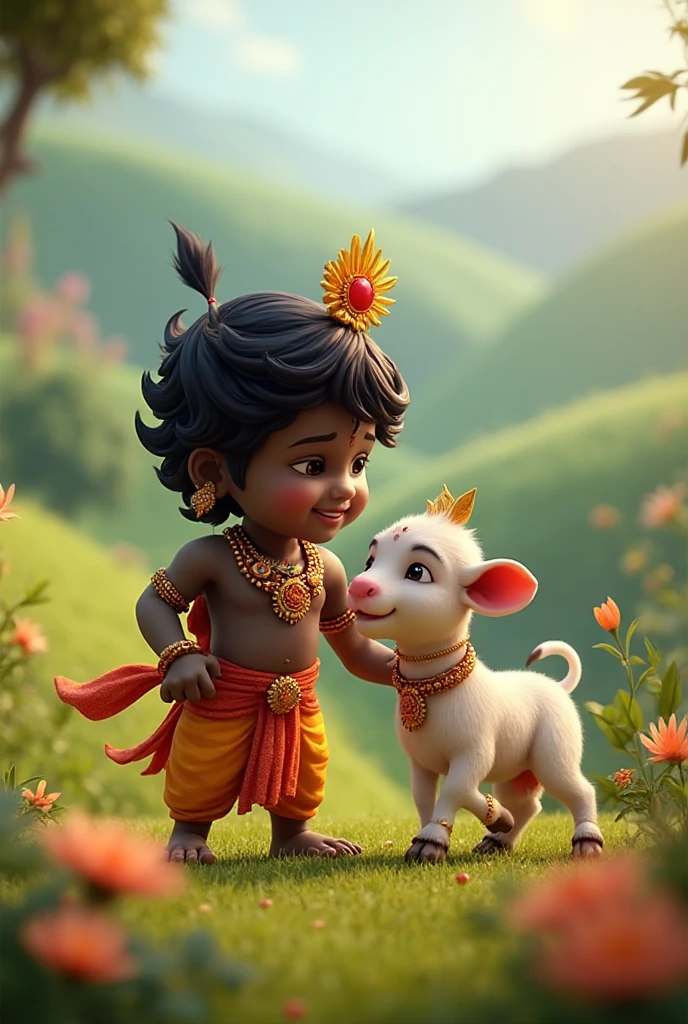 A beautiful picture of a toddler lord Krishna sitting on the grass playing with a baby cow. 