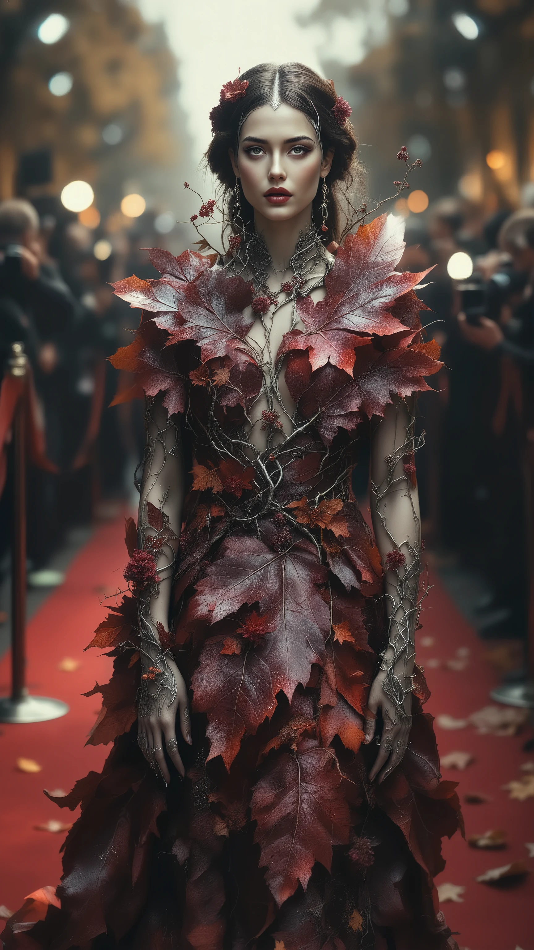 masterpiece digital photo art, ultra-detailed, 8k, hyper-realistic. A beautiful woman stands on a luxurious red carpet at a film premiere. Style blends dark fantasy glamour with surrealist art. Dramatic, chiaroscuro lighting, high contrast. woman's body is adorned with intricate silver and dark gold body paint. design depicts delicate, twisting vines and branches that start from her ankles and wrists, gracefully climb up her limbs and torso, and culminate in a few small, bioluminescent autumn flowers (deep red gladiolus, dark purple dahlias) near her collarbones and shoulders. flowers and berries emit a soft, ethereal glow. Instead of a dress, she wears a massive, singular, huge autumn leaf as a dress. leaf is a giant, elegantly curved maple leaf in a fiery crimson-red hue, with delicate veins etched in silver leaf. It is attached to the silver vines of her body art, appearing to grow directly from her body. leaf-dress flows down her figure like a haute couture gown, structured yet organic. She stands on a classic deep red carpet. In background, out of focus, are blurred figures of paparazzi, their camera flashes creating a bokeh effect. A few fallen autumn leaves (oak, ginkgo) are scattered on the carpet near her feet. atmosphere is a mix of urban glamour and surreal natural invasion.