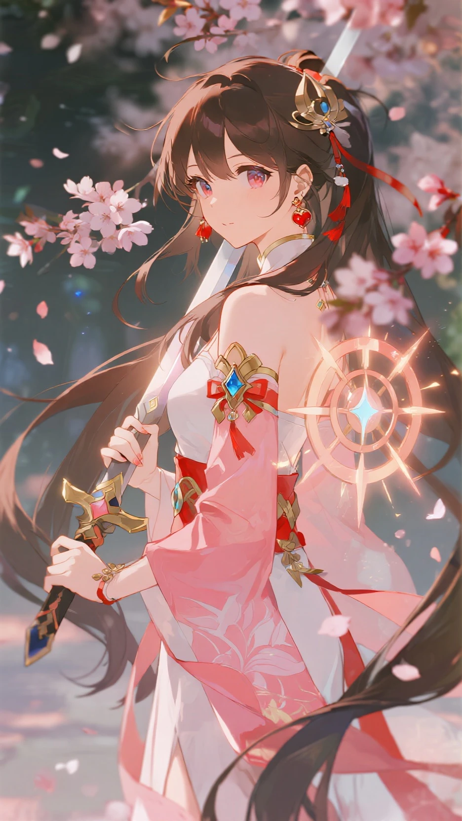 masterpiece, 1girl, best quality, shrine maiden outfit, moon, sakura tree, Hanamaru Kunikida Love Live, light brown hair, yellow eyes, accurate hands, shiny eyes, pink lips, smiling, small blush, accurate hands, light sword, healing staff