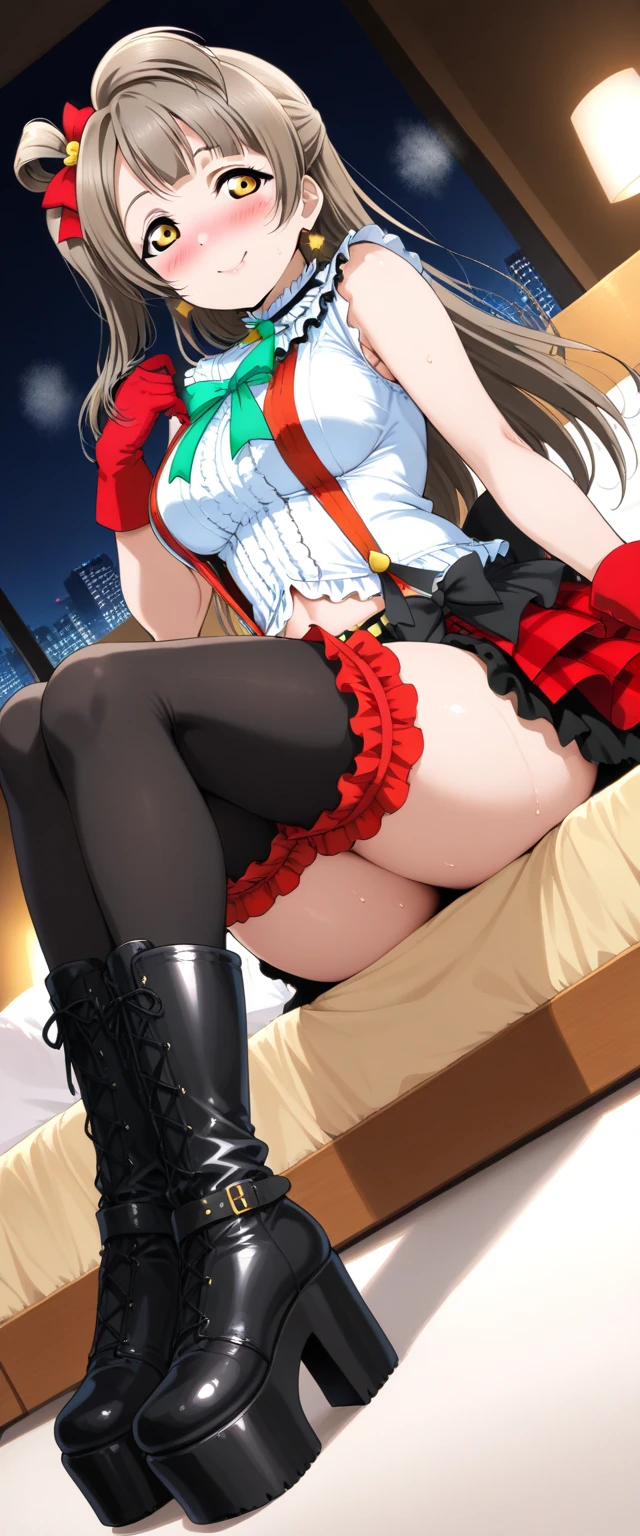 ((Tabletop, highest quality, High resolution, , Pixel Perfect, 4K, ))), Beautiful woman,, alone, beauty、The whole body is visible、 (((Sexy Witch Cosplay), Long dark blonde wavy hair、Off-the-shoulder jacket, Dark blue flared skirt、Witch Hat、Mid-wave hair, bangs, Brown Hair)), ((Brown eyes, Beautiful eyelashes, Realistic eyes)), ((Detailed face, Blushing:1.2)), ((Smooth texture:0.75, Realistic texture:0.65, Realistic:1.1, Anime CG Style)), Center of chest, Dynamic Angle, Perfect body, ((,)), 、、Very embarrassing panic smile, 、Castle town square、(The wind flipped up her skirt, 、Touching the crotch with both hands、、Arms crossed pose、Show your ass、Her white and light blue floral lace panties、)、Angle from below