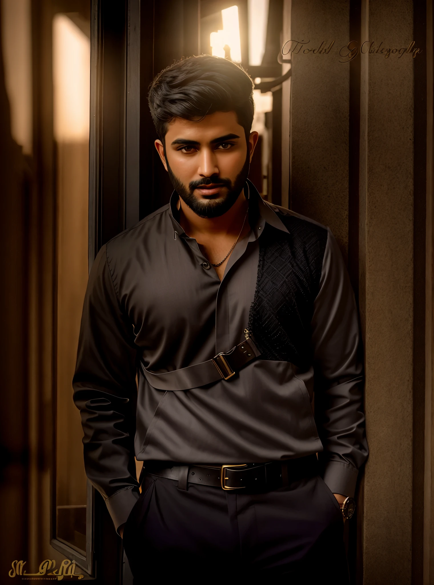 medium shot photo of a mix of (SheeroA:0.8), and (santa costume:0.5) sks man, (nice cleavage:1.1), intricate steampunk+ city, evening, dark, atmospheric, mist, best quality masterpiece, photorealistic, detailed, 8k, HDR, shallow depth of field, broad light,  backlighting, bloom, light sparkles, chromatic aberration, sharp focus, RAW color photo,