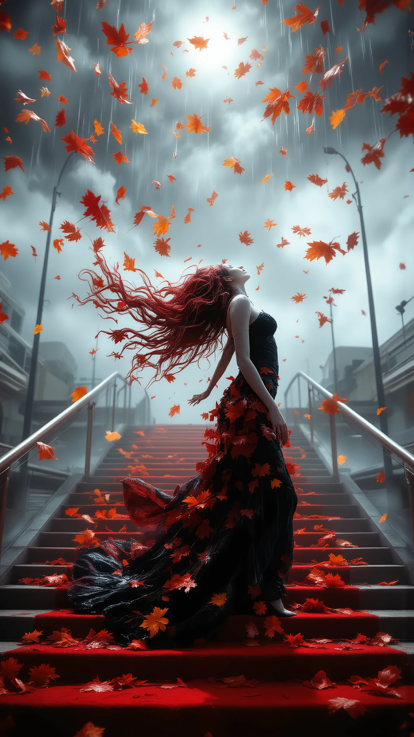 masterpiece digital photo art, ultra-detailed, 8k, surrealism. A dynamic, dramatic shot on the famous red-carpeted staircase at the Cannes Film Festival. Style of surreal fashion photography and cinematic fantasy. Photorealistic, hyper-detailed. A woman (Lady Autumn) is captured in a broken, dynamic dance pose mid-movement on the stairs. Her body is arched backwards, one arm gracefully extended towards the sky, the other swept down. Her head is thrown back, eyes closed, face serene and ecstatic. Her long hair flows and whips around her, defying gravity, made of swirling autumn leaves (maple, oak) and strands of copper light. She wears a magnificent gown that is a living part of the storm: it is crafted from wet, glossy crimson maple leaves and dark velvet that clings to her body. Her skin is covered in a delicate, shimmering body paint the color of stormy sky (grey with silver veins), making her look like a statue come to life. iconic Cannes staircase is empty and desolate. A heavy, silvery autumn rain falls in sleek, diagonal sheets, illuminated by the ghostly glow of unseen spotlights. rain soaks the red carpet to a deep, bloody hue. Dozens of autumn leaves (yellow, orange, red) are caught mid-air, frozen in the rain around her. background is a soft-focus, moody blend of grey sky, grey sea, and the blurred outlines of the empty Palais des Festivals. The only light is a dramatic, spotlight effect on her figure, making her and the falling leaves the only vivid points of color in the grey world.