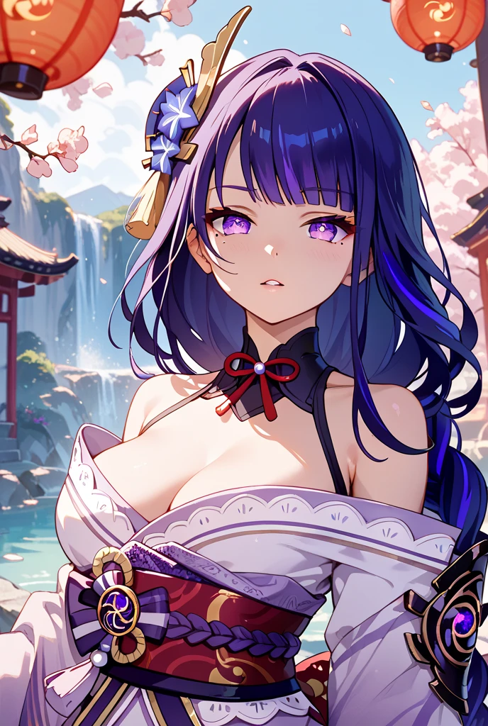 Raiden Shogun Genshin Impact, full body, (NSTDA.:1.2), (10, beste-Qualit, master-piece: 1.4), ultra-high resolution, (realistic, realistic image: 1.48), (looked neatly through Miko series: 1.11), 20 years old, cute girl, , famous Japanese actress, huge breasts, blue eyes, head tilted, cowboy shooting, from the side, looking at the audience, emotionless, lake that beautiful, Zeiss 150mm F/ 2.8 Hasselblad, in Japanese shrine, whole body, feet, ultra wide angle