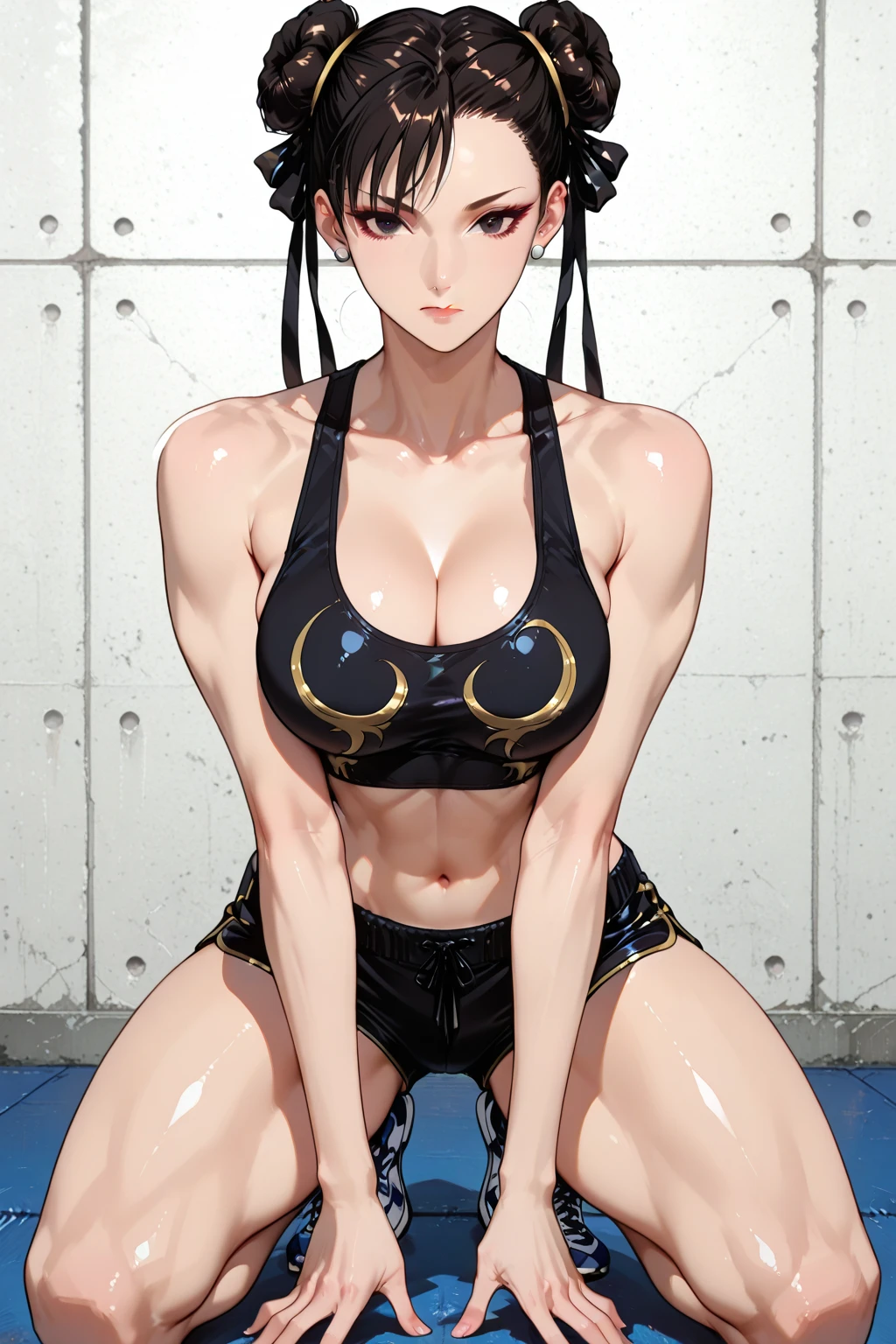 ((masterpiece)), ((high quality)), ((super detailed)), ((high resolution)) ,((8k)), a beautiful woman, ((She is one of the most famous female Gravure actress in the world.)), unparalleled beauty, ((huge breast)), ((large ass)), ((deep cleavage)), slim waist, chest out, ultra detailed face, perfect skin, (((Half-up hairstyle, Blonde Ponytail hair))), blue eyes,  detailed eyes, whole body image, (((anime))), ((glamorous)), 24 years old, ((incredibly beautiful woman)), ((The I cup bust)),  ((((Golden string bikini)))),  ((beautiful breasts)), beautiful legs, 8 life size, anime, the most beautiful and strongest, ((charm)), ((Half Japanese and half British)), ((Grown-up face)), ((Open Finger Gloves, Five fingers)),  (((Women's mixed martial arts,  A fighting arena surrounded by wire mesh))), ((A woman squatting with her legs spread apart, with her back to a corner post)), 