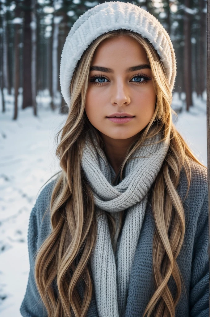 Ultra-high resolution, masterpiece, One gorgeous blonde woman with long wavy hair wearing a woolen turtleneck sweater, Bonnet on the head、Tight pants, 2, She is a Playboy model., (Action pose of throwing snowballs:1.0), I really enjoy snowball fights, (Holding a small snowball in hand:1.0 ), smile, happiness, Canon 85mm, depth of field of light, Kodak Ektar 200, perfect fit body, Very detailed, Kodak Gold 200