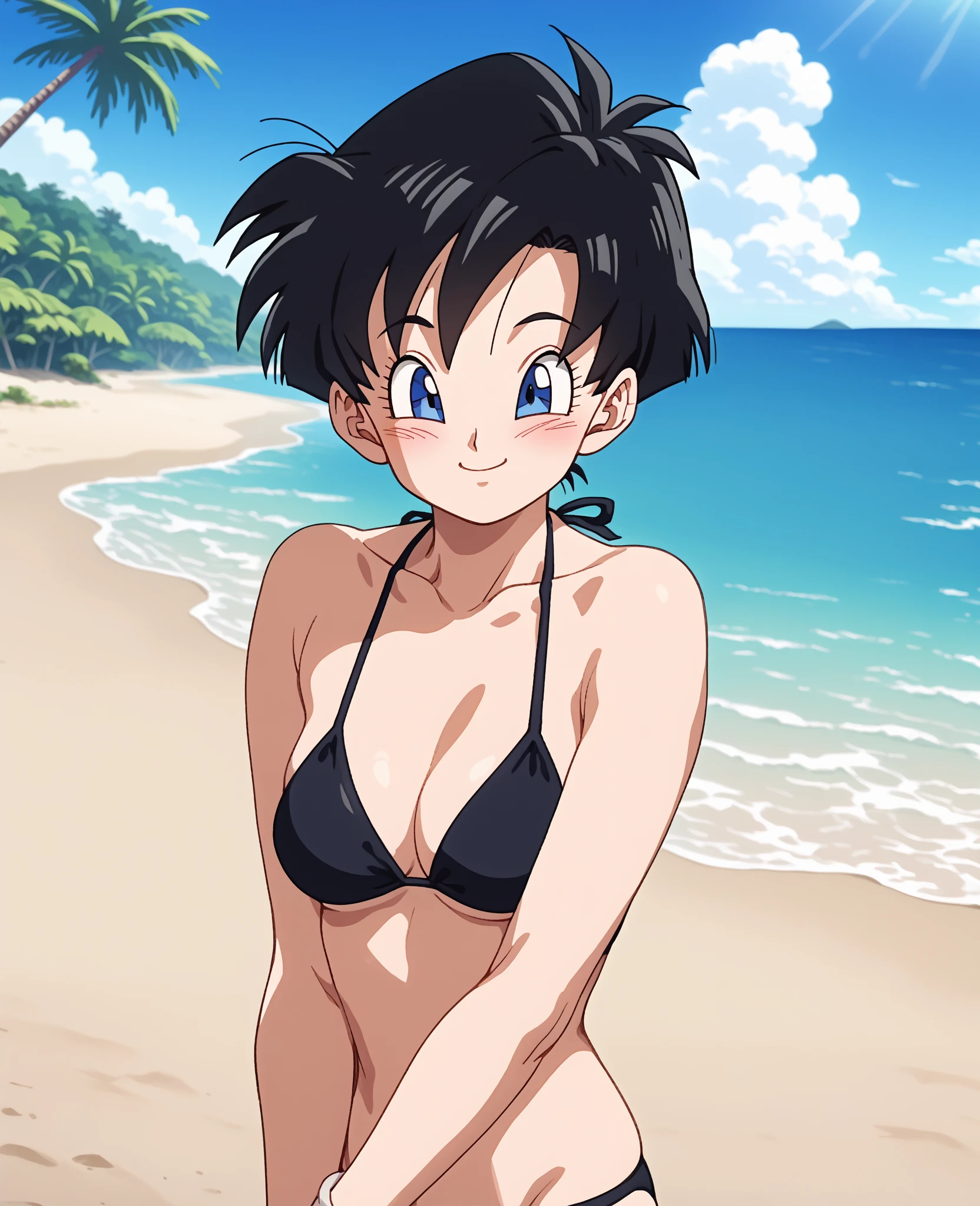 <lora:Gine:0.5>, 1girl, solo, gine, ((white string bikini)), collarbone, naval, monkey tail, spiked hair, black hair, black eyes, beach, blue sky, masterpiece, high quality, cowboy shot, smile, ocean, cute pose, from front,
