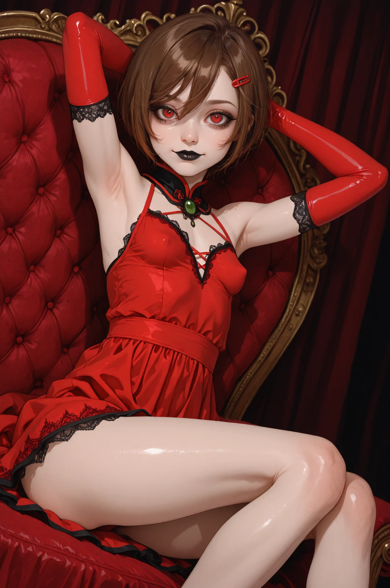 (A Japanese sexy girl idol is transformed into a bride, Dark gray and dark blue lace wedding dress, ((fair and smooth skin, Gothic clothing style, claw pose, Gauze, see-through))),(Taylor Alison Swift),full body,(((red eyes))),light brown hair,absurdres,game cg,comic,available light,Cinematic Lighting,simple_background,blurry,Gold trim,necklace,manicure,stiletto heels,lipstick,vampire,((Black eye shadow, black atmosphere)),((looking at viewer)),(small breasts, Sexy see-through clothing, nudity, sexual implications, hard nipples, Sexual excitement, sexual overflow, sexual hunger, unbearable sexual desire),(((sex positions))),