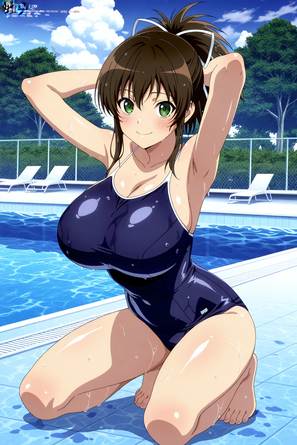 score_9, score_8_up, source_anime Bibl3, cute girl, splashing in pool, busty shortstack, brown hair, twin braid hair, hair ornament, hair ribbon, racing swimsuit, huge breasts, heavy breasts, breast expansion, full lips, vivid lips, wide hips, thick thighs, cameltoe, viewed from front, gym pool, happy smile, innocent expression, hip focus, looking at viewer, raised eyebrows, detailed eyes, detailed face, pretty girl,