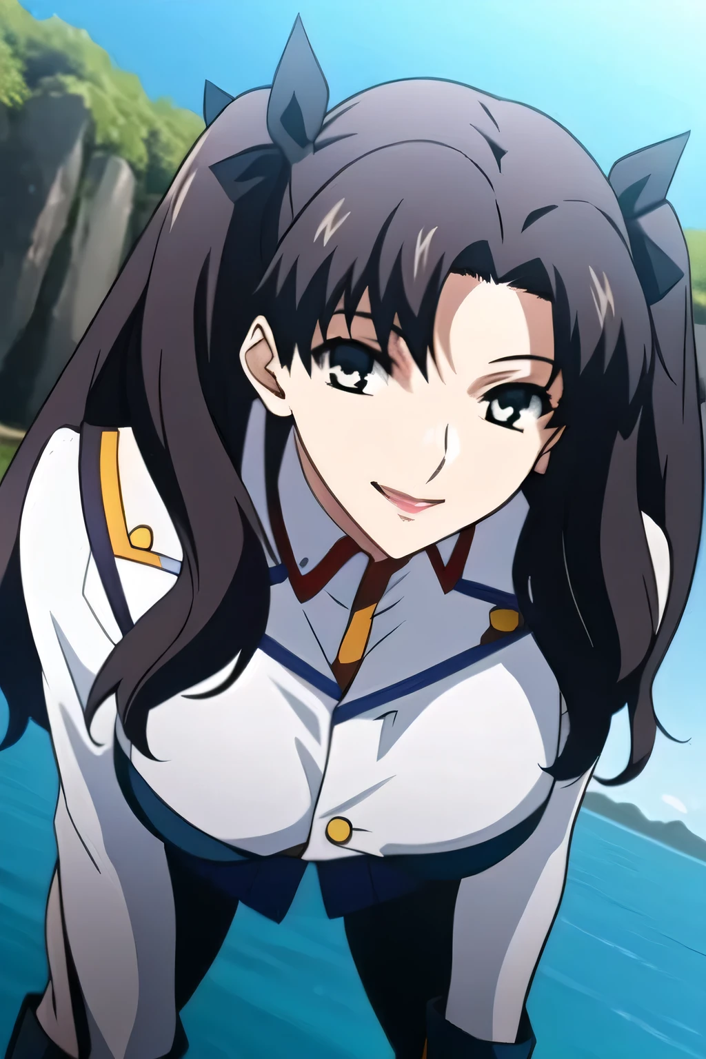 A dark-haired woman with twin tails wears a hair ornament on her twin tails,,smiling Yang,Military uniform、draw a slim woman with sleeveless sleeves and a big bust,for women in blue and white、 with big breasts、軽量のMilitary uniformスリムな女性を描いてください {X},、Miniskirt,wear thigh-high stockings on both legs,boots,,Long Black Hair,smiling Yangのヤン,A woman gazing at the ocean,、Don't trim to the top of your face,Yang's smiling human hands and feet,big breasts but thin waist,amazing thighs ,Beautiful legs,,Anime CG, Sunny,Blue Sky,smiling Yangのヤンの爆乳軍事ユニフォーム美人, ,seen from below,Miniskirtから水色パンティが透けてはっきり見える,amazing thighs ,Beautiful legsと with big breasts美しい女性,Can you draw details of hands and legs more delicately and accurately,