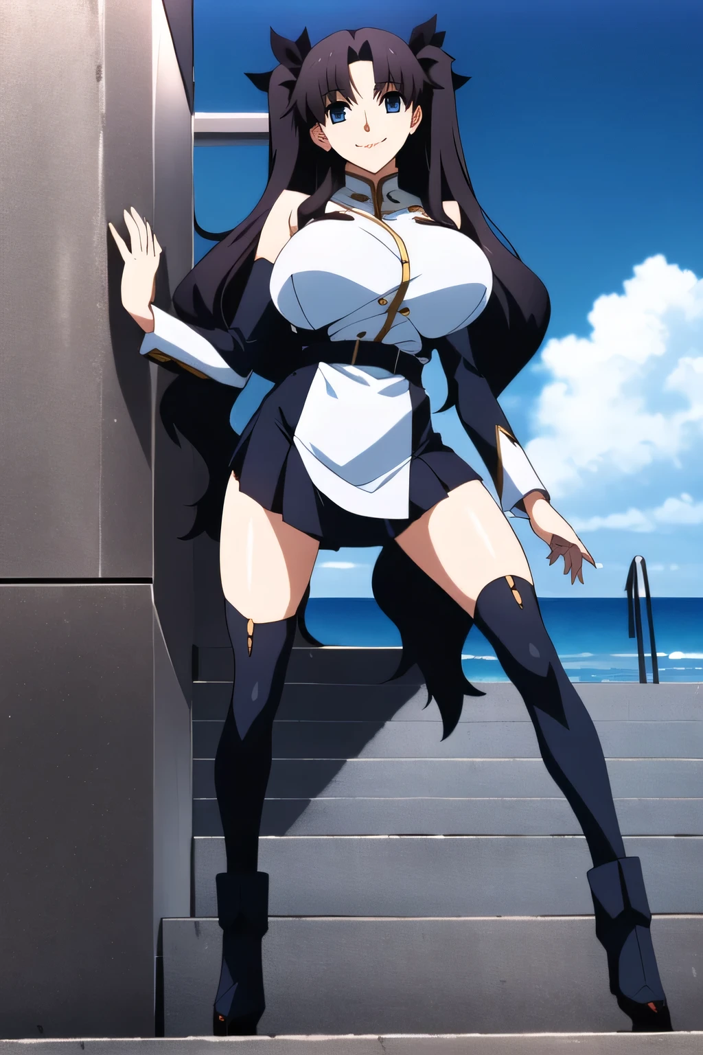 Dark-haired woman with twin tails and hair ornaments,,smiling Yang,Military uniform、draw a slim woman with sleeveless sleeves and a big bust,for women in blue and white、 with big breasts、軽量のMilitary uniformスリムな女性を描いてください {X},、Miniskirt,wear thigh-high stockings on both legs,boots,,Long Black Hair,smiling Yangのヤン,A woman gazing at the ocean,、Don't trim to the top of your face,Yang's smiling human hands and feet,big breasts but thin waist,amazing thighs ,Beautiful legs,,Anime CG, Sunny,Blue Sky,smiling Yangのヤンの爆乳軍事ユニフォーム美人, ,seen from below,Miniskirtから水色パンティが透けてはっきり見える,amazing thighs ,Beautiful legsと with big breasts美しい女性,Can you draw details of hands and legs more delicately and accurately,