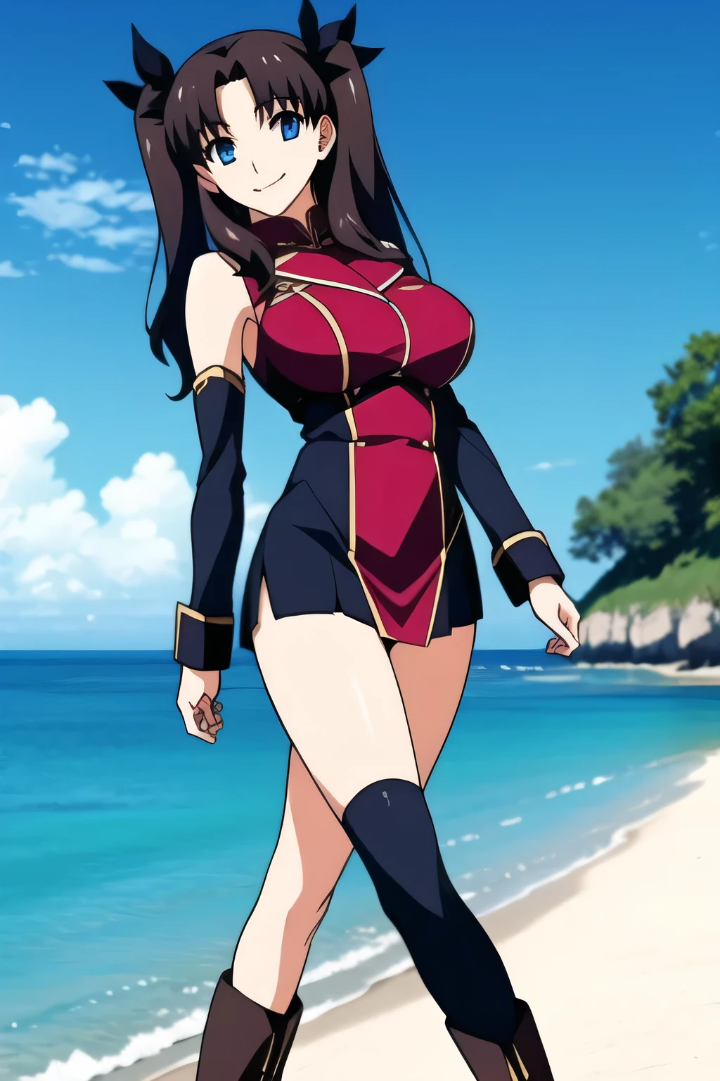 Dark-haired woman with twin tails and hair ornaments,,smiling Yang,Military uniform、draw a slim woman with sleeveless sleeves and a big bust,for women in blue and white、 with big breasts、軽量のMilitary uniformスリムな女性を描いてください {X},、Miniskirt,wear thigh-high stockings on both legs,boots,,Long Black Hair,smiling Yangのヤン,A woman gazing at the ocean,、Don't trim to the top of your face,Yang's smiling human hands and feet,big breasts but thin waist,amazing thighs ,Beautiful legs,,Anime CG, Sunny,Blue Sky,smiling Yangのヤンの爆乳軍事ユニフォーム美人, ,seen from below,Miniskirtから水色パンティが透けてはっきり見える,amazing thighs ,Beautiful legsと with big breasts美しい女性,Can you draw details of hands and legs more delicately and accurately,