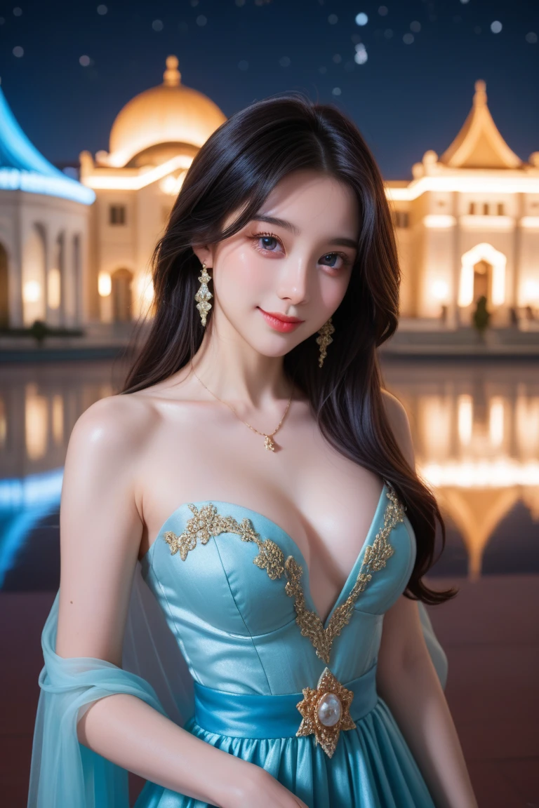(8K high resolution masterpiece)、look at the camera、((beautiful full body photo))、(wavy curly hair、Tiara on the head)、(beautiful light)、 Beauty lighting , good contrast、natural cleavage、(1 Sexy Woman:1.3、highly detailed face、double eyelid、drooling eyes、I can see your ears)、((light brown eyes、Two highlights in the eye、big mouth))、( Amazing and perfect facial symmetry) 、black haired、baby face、((Smile full of love))、attractive proportions, (((Delicate embroidery on light blue lace prom dress close to white)))、Versatile poses(by the pool)、Ignoring NSFWs、