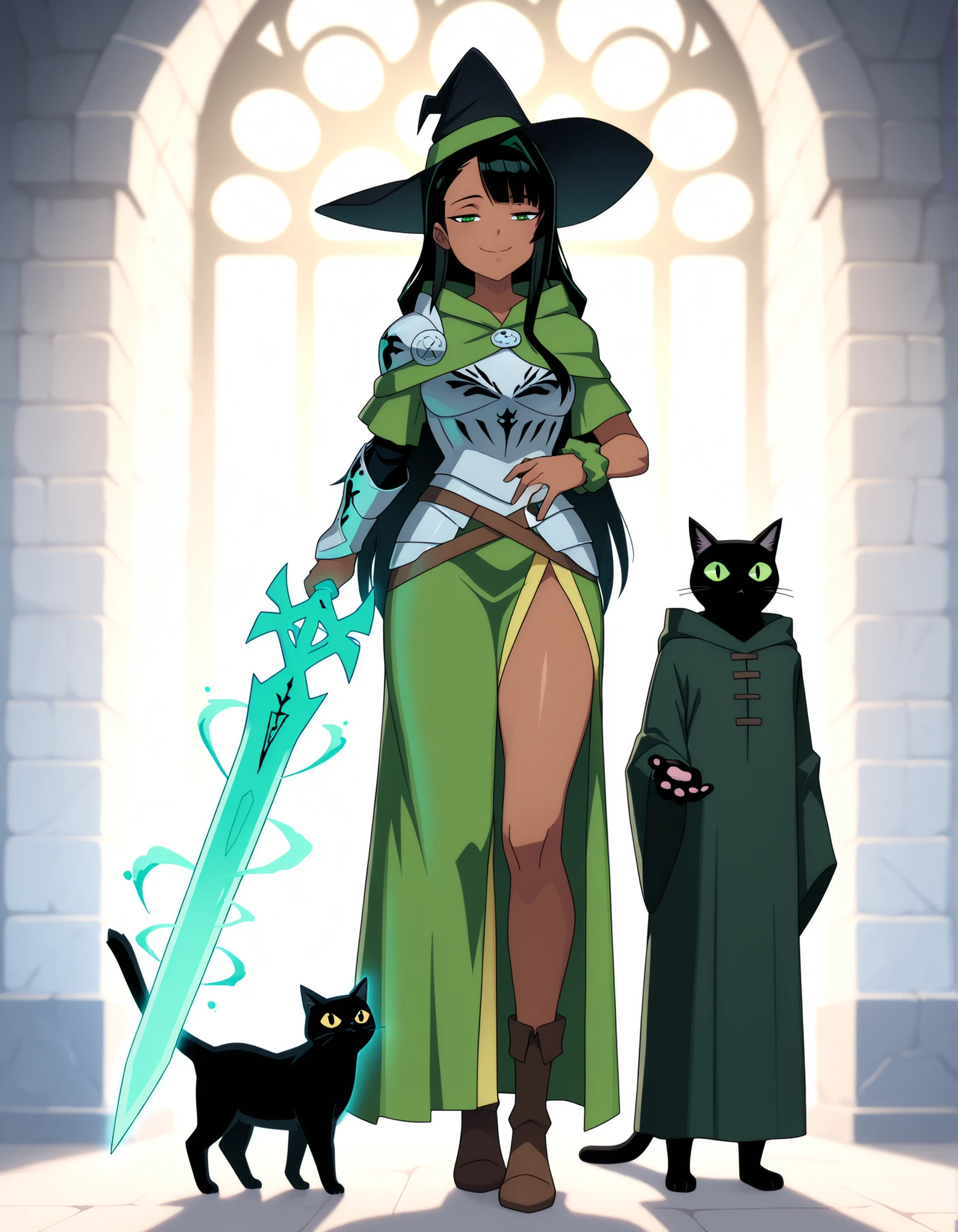 ((Highest Quality)), 1girl, Standing, solo, breast, thighs, smile, half-closed eyes, dark skin, Dark-skinned, Dark-skinned female, green eyes, black hair, very long hair, side bangs, single hair intake, wrist scrunchy, green hairband, Black witch hat, Witch's robe, player, in the routines of a castle, magic lighting, cat, (black cat), Holding magic sword, thick-bladed magic sword, green-bladed magic sword, large magic sword, magic sword, swordmaster, Medieval full Body armor, (full body armor), Full body, green robe, robe under armor, armor over robe,