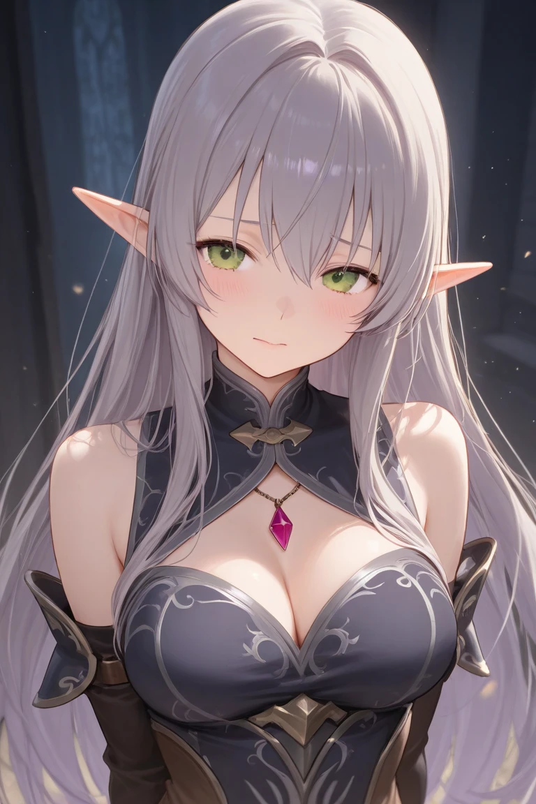 <(masterpiece, realistic:1.3), (extremely intricate:1.2)>, 1girl, face, close up, portrait, black cat, pointy ears, dress, open mouth, open eyes, jewelry, sitting, stairs, strapless, strapless dress, breasts, watermark, bare shoulders, tiara, grey dress, cleavage, long hair, braid, grey hair, solo, profile, elf