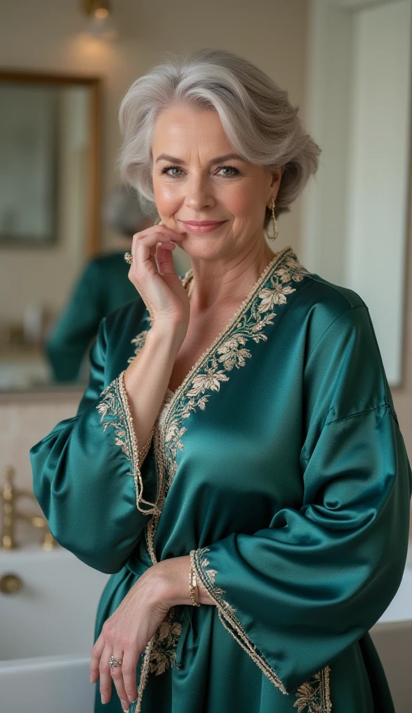 Mature old woman 80 years with white curly hair, plus size, old face and body with many wrinkles, smiling, loose skin, standing at bedroom posing for photo, She wearing black  with large neckline, satin green robe and black lace stockings side view. jaw dropping mature older beauty, old face and body with wrinkles, old face, attractive grandma, a gorgeous old hair, beautiful old grandma, lovely older mature grandma, gorgeous beautiful grandma over 80 years old, beautiful white curly hair grandma, beautiful detailed body and face, a beautiful old granny