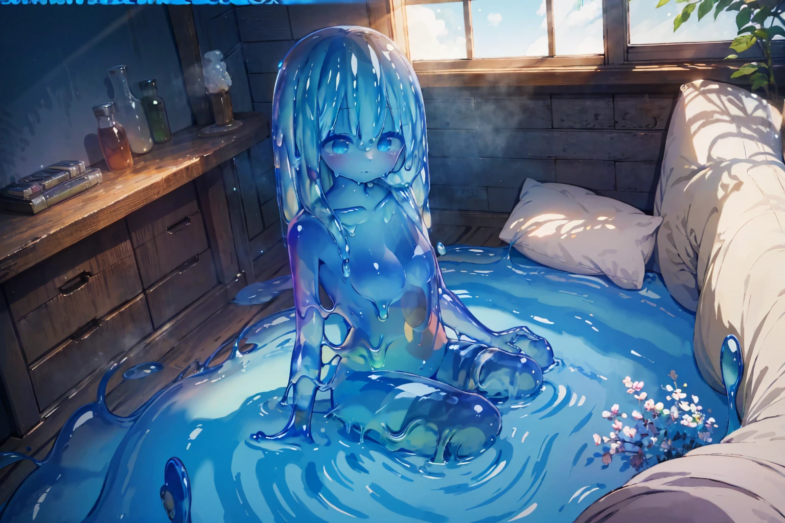 Slime Girl,light blue,composition,cute,Masterpiece,light blueのスライム,Transparent,Natural Light,Super detailed,Ultra HD,clear,Completed blue,Masterpiece,An illustration,Soft.The body is made of slime,White background,俯瞰のcomposition,