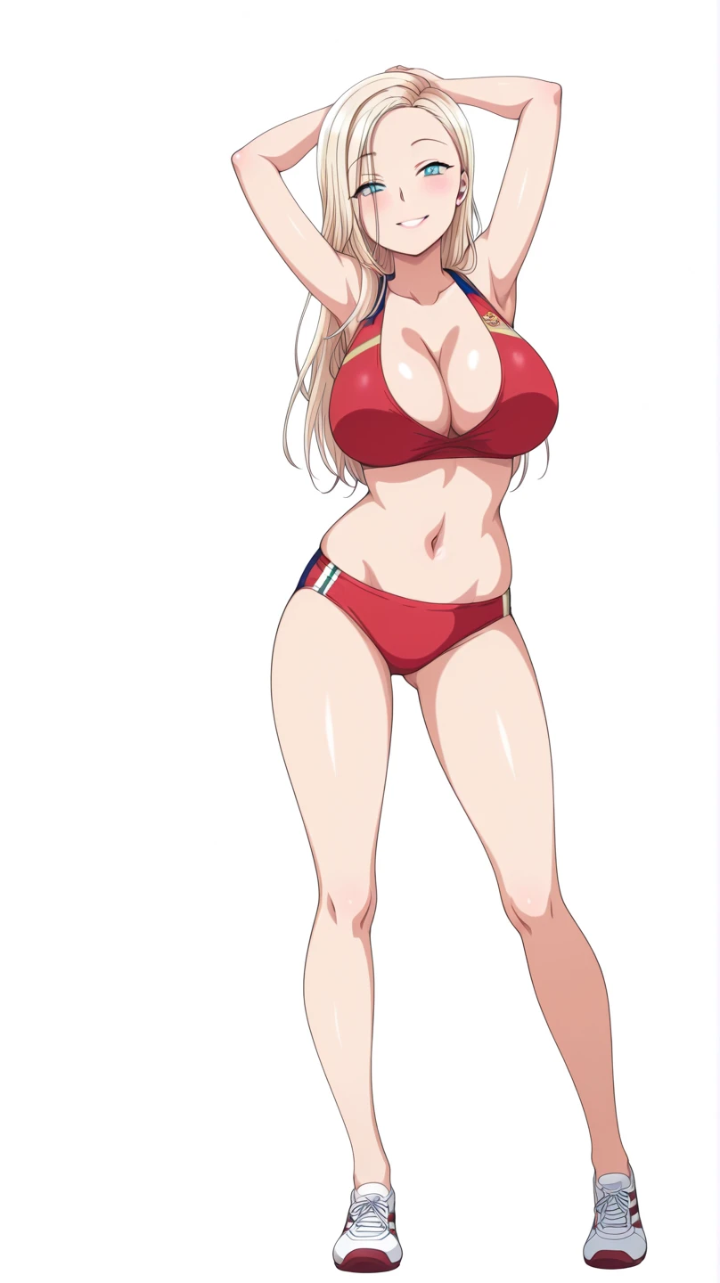 (White background:1.5),Anime cel drawing style, Best Quality, High resolution,(The bikini:1.8), (huge-breasted:1.3), ((hyuuga miki,Final Romance, Long hair, Blonde hair,brown skin)), blush, embarrassed,Happy smile, ((Full body)), Looking at Viewer, (Beach), ((Full body)), (Cowboy Shot:1.2)