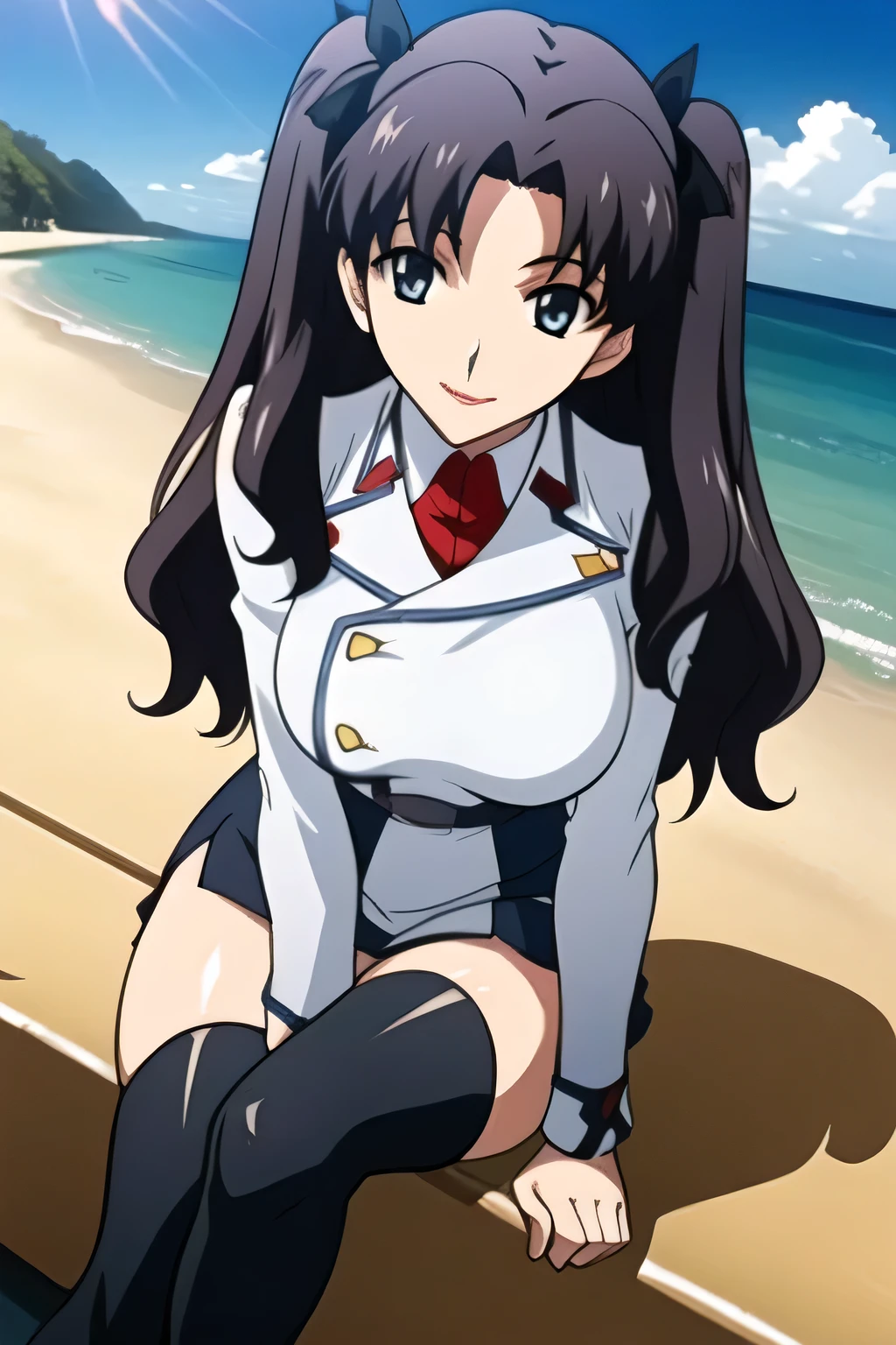 A dark-haired woman with twin tails、wears hair ornaments on her twin tails,,smiling Yang,Military uniform、Draw a slim woman with sleeveless sleeves and a big bust,for women in blue and white、 with big breasts、軽量のMilitary uniformスリムな女性を描いてください {X},、Miniskirt,wear thigh-high stockings on both legs,boots,,Long Black Hair,smiling Yangのヤン,A woman gazing at the ocean,、Don't trim to the top of your face,Yang's smiling human hands and feet,big breasts but thin waist,amazing thighs ,Beautiful legs,,Anime CG, Sunny,Blue Sky,smiling Yangのヤンの爆乳軍事ユニフォーム美人, ,seen from below,Miniskirtから水色パンティが透けてはっきり見える,amazing thighs ,Beautiful legsと with big breasts美しい女性,can you draw details of hands and feet more delicately and accurately,