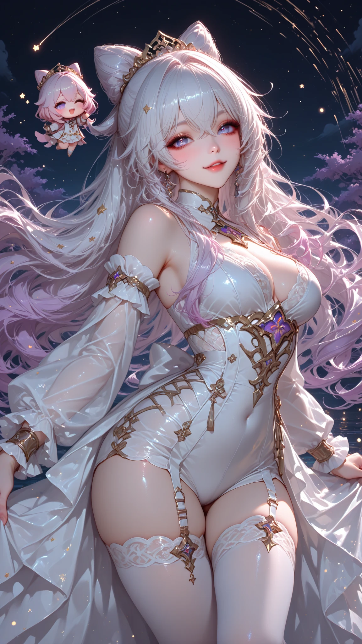 absurdres, masterpiece, best quality, (official art, beautiful and aesthetic:1.2), (kaleidoscopic world:1.5), (zentangle, maximalism, lace, lace trim, divine goddess:1.3), 1girl, solo,
BREAK
(long hair, straight hair, (blunt bangs), cat ears, glitter eyes, eye highlight, eyelashes:1.2), (reddish eyes:0.9), seductive smile, voluptuous thighs, cleavage, huge breasts, navel piercing, tribal, thighhighs, skindentation, shiny skin, (clothes, sleeve, bracelet, jewelry, accessory:1.2), cameltoe, covered nipples, makeup
BREAK
luminous glory, religious painting, (colorful, vivid:1.1), (flower, lotus, constellation, light particles, supernova, nebula, aurora, aura, jewel, glitter, luminous butterfly, confetti, star trail, long exposure:1.1), dynamic pose, HDR, beautiful detailed glow light particles, lens flare, cinematic lighting, dutch angle <lora:SilvermoonMix06:1>