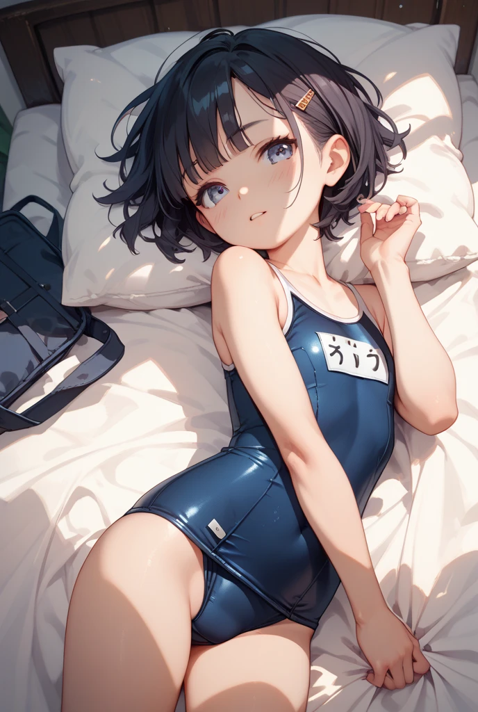 Highest quality、Black Hair、Iris、short hair、girl、cute、16 years old、、Small hair ornament、1 person、On the bed、Sleep on your back、School Swimsuit、Embarrassed look、Blushing、Masturbate、