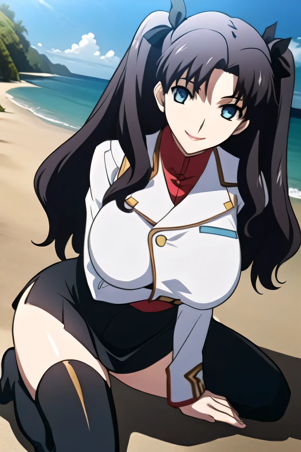 Woman with twin tails with black hair、wearing hair ornaments on her twin tails,,smiling Yang,Military uniform、draw a slim woman with sleeveless sleeves and a big bust,for women in blue and white、 with big breasts、軽量のMilitary uniformスリムな女性を描いてください {X},、Miniskirt,wear thigh-high stockings on both legs,boots,,Long Black Hair,smiling Yangのヤン,A woman gazing at the ocean,、Don't trim to the top of your face,Yang's smiling human hands and feet,big breasts but thin waist,amazing thighs ,Beautiful legs,,Anime CG, Sunny,Blue Sky,smiling Yangのヤンの爆乳軍事ユニフォーム美人, ,seen from below,Miniskirtから水色パンティが透けてはっきり見える,amazing thighs ,Beautiful legsと with big breasts美しい女性,can you draw details of her hands and feet more delicately and accurately,