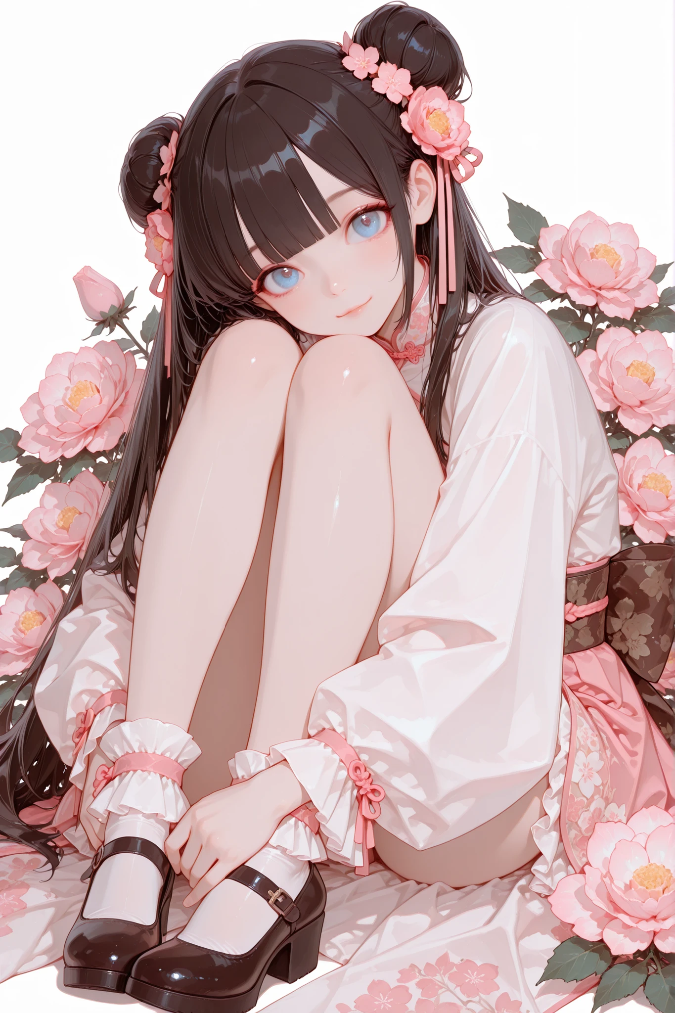 score_9, masterpiece, best quality, 8k, 1girl, pale color,pastel torns,bright pink and blue pallet,beautiful elegant young girl,lolita fashion, dark brown hair,bowl cut hair,double bun,blunt bangs,big floral hair ornaments, bright blue eyes,big eyes,tareme,traditional-inspired fantasy outfit, china dress,white flowing sleeves, pink and blue ornate dress,brown obi sash wrapped around the waist,frilled ankle socks,straped brown pumps,soft smile, sitting among flowers with both knees up, hugging legs, casual pose,full body,
BREAK
fantasy background,simple white background, blooming pink flowers, peony blossoms surrounding frame,warm soft light,