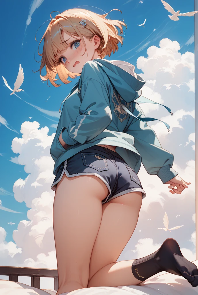 masterpiece, top quality, cinematographic frames, A girl, floating in the sky, cloud girl, clouds, (close up: 1.1), bright, happy, funny, Soft lighting, (bauhaus, form, Line, abstract: 1.1), (showing panties