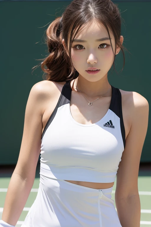 (Masterpiece, Best quality, Beautiful quality), (Extremely detailed skin,Extremely detailed eyes, Extremely detailed hair,Blunt bangs,Brown hair,pony tails,view the viewer, Best quality,Beautiful and aesthetic,Large breasts,Black sports bra,Sportswear,Take a racket,Playing badminton,School gymnasium,full bodyesbian,Depth of field,