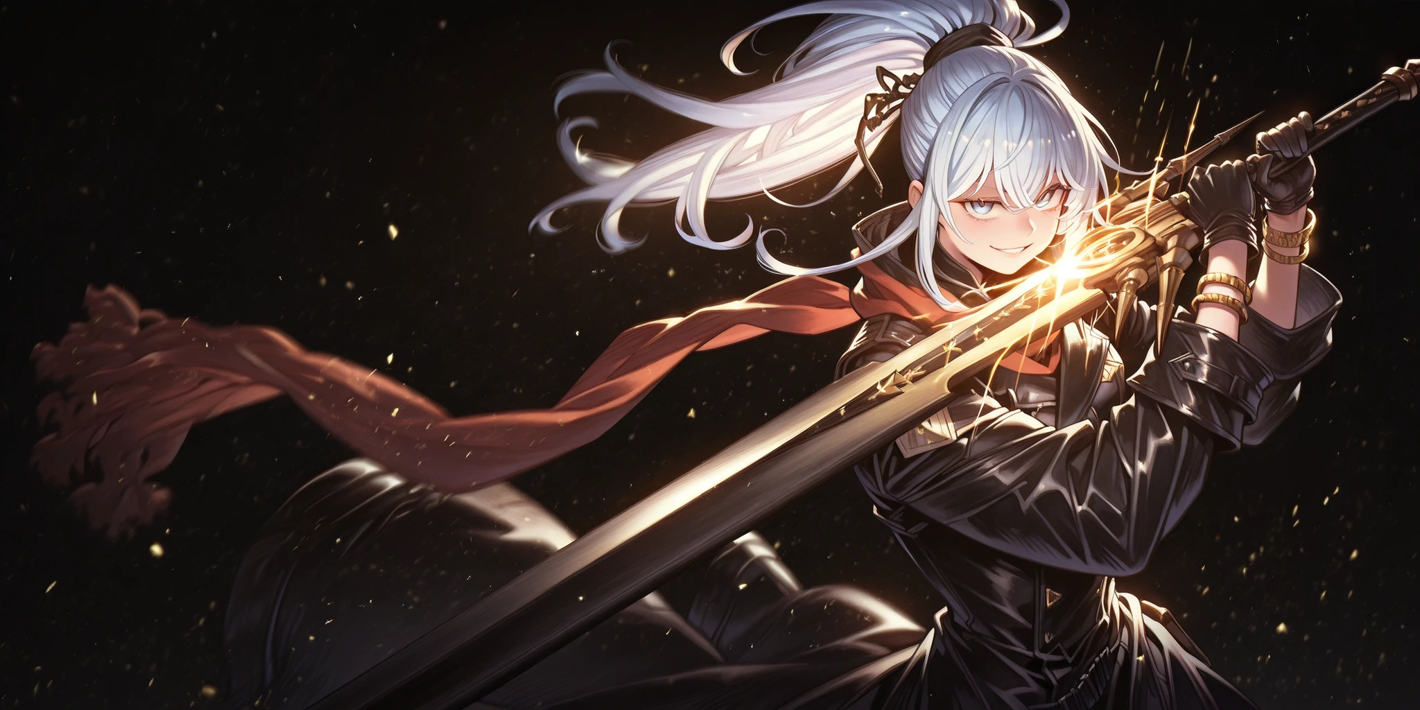 Short male character, young adolescent boy, around 1.50 meters tall, similar in height to Rimuru Tempest. Despite having a feminine and delicate appearance, the character is clearly male. He has the same face and hairstyle as Sylpha Langlis from Tensei Shitara Dai Nana Ōji — bright white hair, long bangs, and hair tied in a high ponytail. His face is perfect and beautiful, with striking blue eyes and a confident, provocative smile.
He wears tight-fitting black military tactical clothing with gold details (Lucifer/Lucio style from Granblue Fantasy), exposing his arms and shoulders. Over his outfit, he has a long, open black coat (like Dusk from Arknights) falling off the arms. He wears black gloves covering the full arm with golden bracelets at the wrists.
He holds a massive black greatsword, larger than his body. The blade is fully black. He is in a flashy, confident attack stance, looking directly at the viewer. His expression is playful and smug. A long red scarf flows around his neck.
Black background, dramatic cinematic lighting. Emphasize his short stature, male gender, and youthful energy.