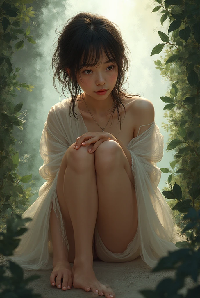 garden, top-down view of a Daring Gypsy 1girl barefoot , Cowboy, Illuminated Toe ring, Fall, Peaceful, Lens Flare, Zoom lens, complementary colors, in rain, (feet soles:0.8)