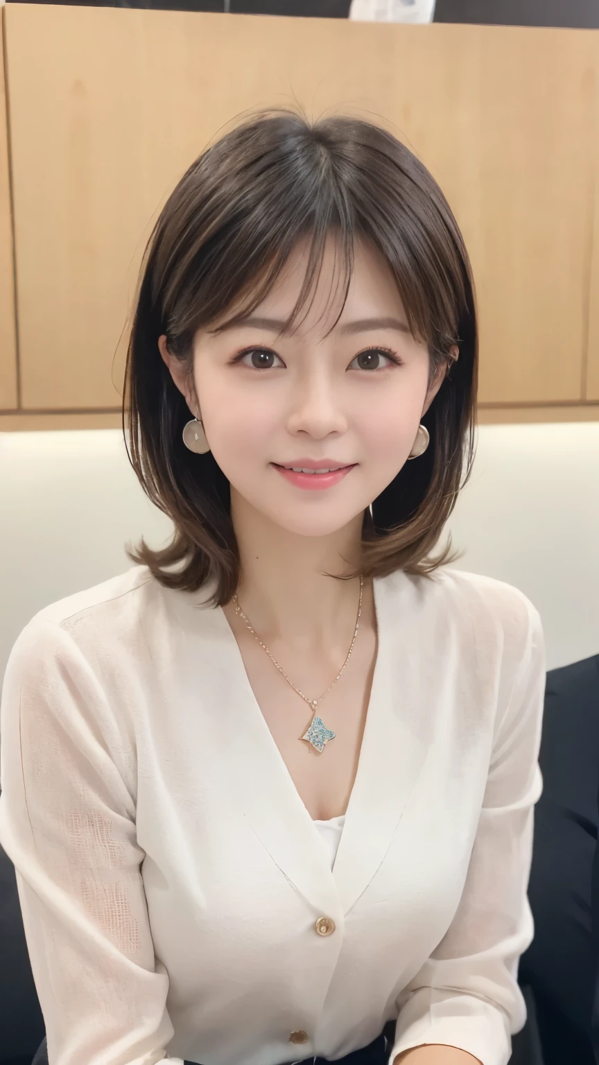 Neat Young Woman、looking at the camera、office lady suit、necklace、Ear piercings、Bob Hairstyle、茶髪、Smile 、The background is a dim room、face close-up、