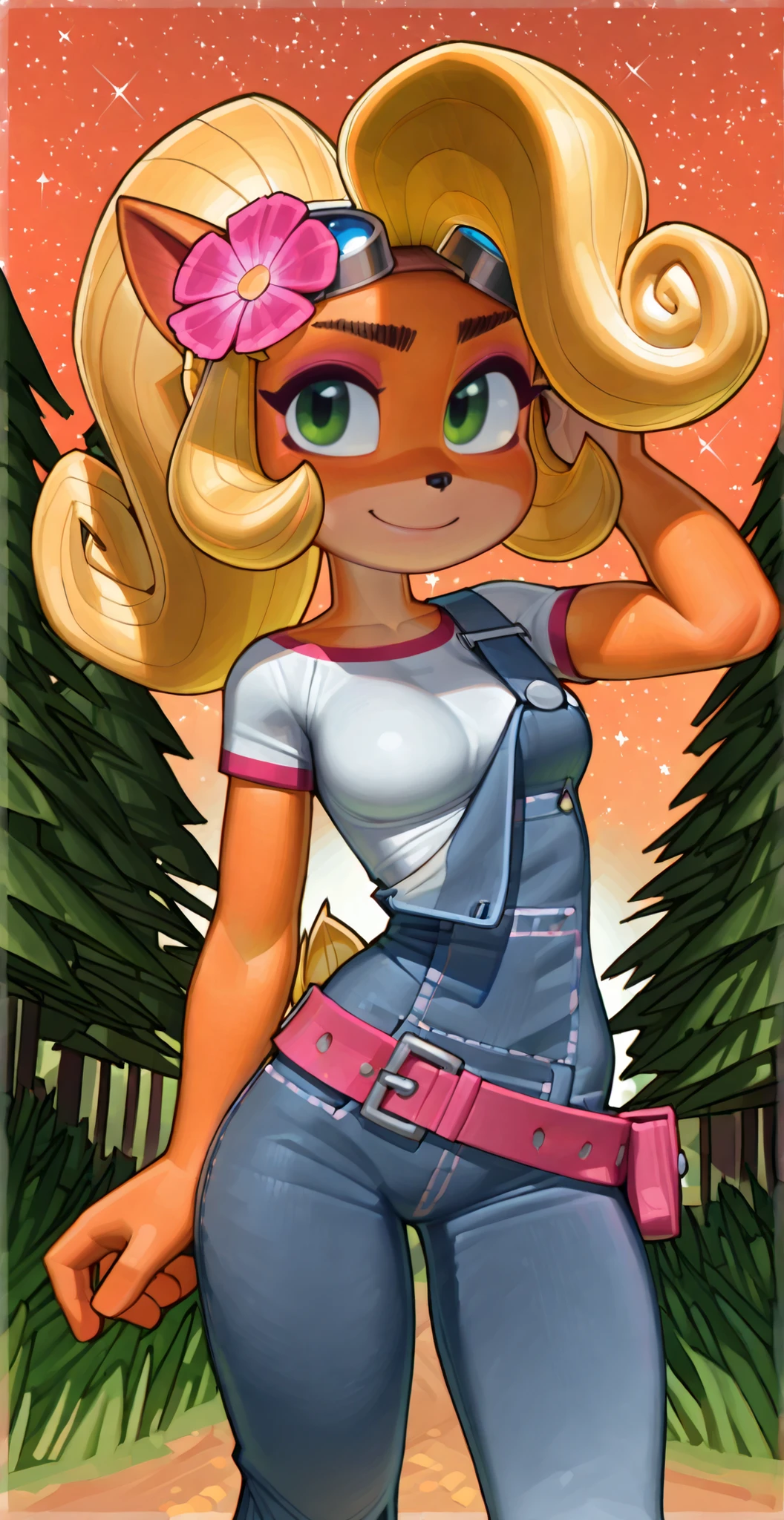 ((Coco bandicoot)), ((pixelsketcher)), ((wamudraws)), (solo portrait cowboy shot), (attractive figure, medium breasts, gorgeous hips, beautiful legs, orange fur, small yellow tail, black nose, cute green eyes, long eyelashes, blonde hair, curly ponytail, cute smile), (white t shirt, denim overalls, pants, pink utility belt, detached strap on overalls, pink flower in hair, goggles on head), (standing, hand in hair), (forest, orange sky, starry sky, sun set)