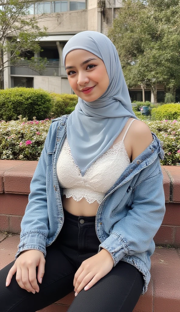 Malay girl wearing hijab, open button shirt, undersize lilac satin bra and (polkadot pattern), tight jeans, portrait photography, mid shot photo, ultra detail, professional photograph with professional lighting, smile, at the garden, outdoor background, curly hair, sexy seducing pose, curvy body, butt closed up angle
