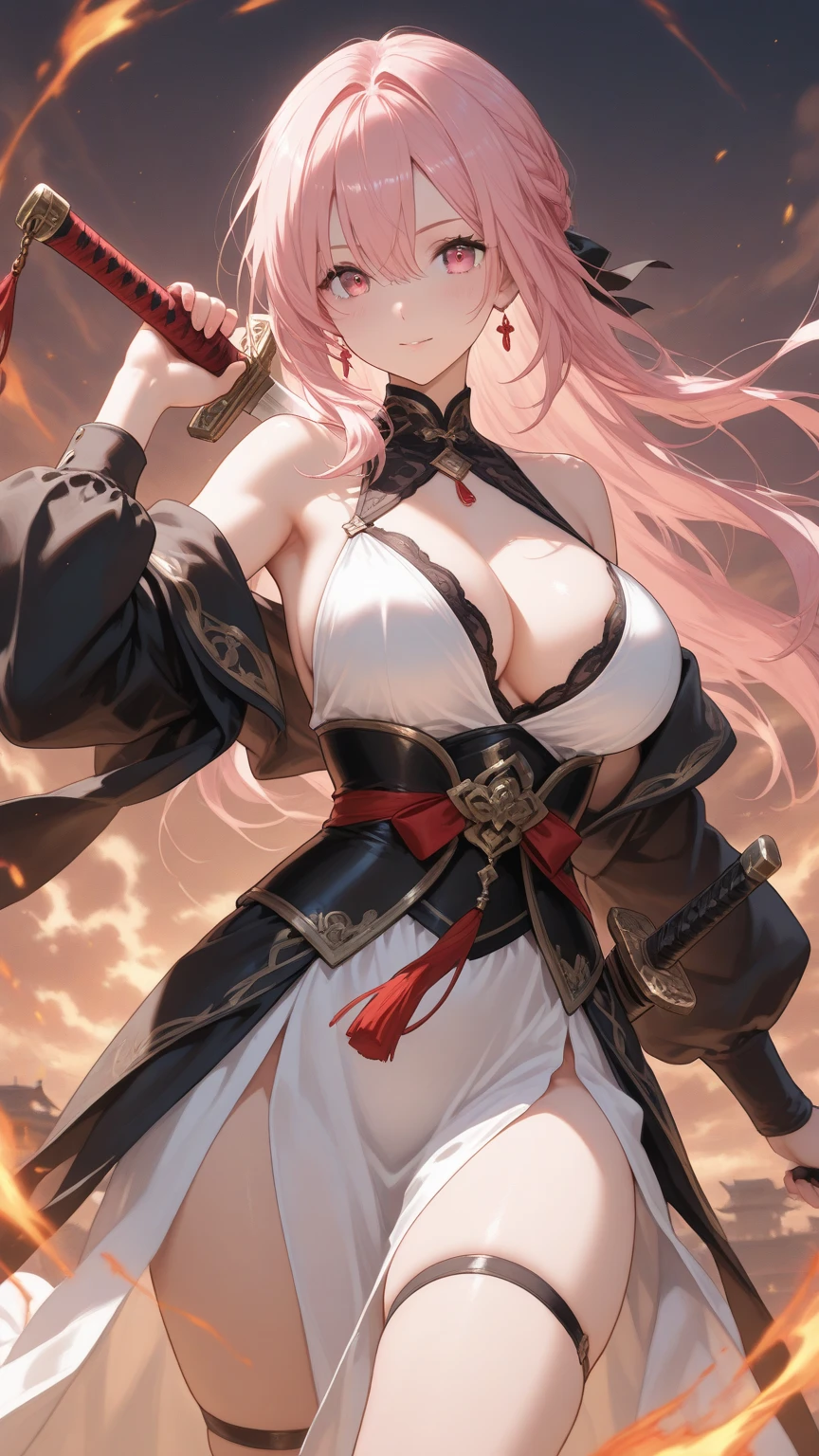 satsuki \(blue archive\), photorealistic, (hyperrealistic:1.2), masterpiece, <lora:Satsuki-000005:1>, best quality, 1girl, breasts, gloves, solo, pink hair, necktie, mole, long hair, black gloves, halo, bra, red necktie, angel of death, innocent, red eyes, angel wings, black clothes, full body, arms behind back, sky, halo, post-apocalypse,