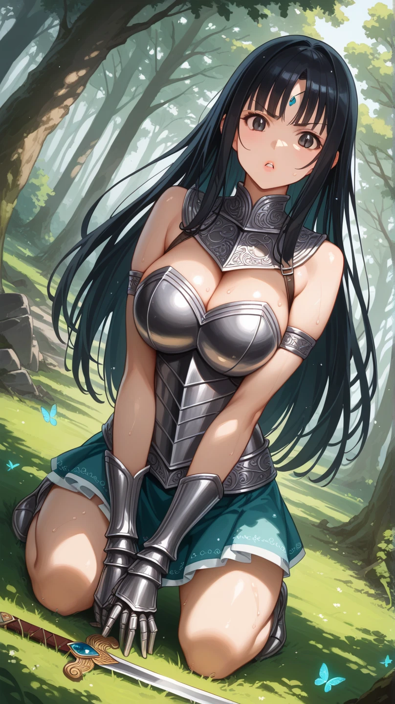 ((1 woman in medieval armor)),((Huge breasts, bare breasts, naked pussy, completely naked)),((in a forest)),((serious face)),((with lots of bubian hair)), ((very long messy black hair, bright blue eyes)),((facing the viewer, holding a sword)),