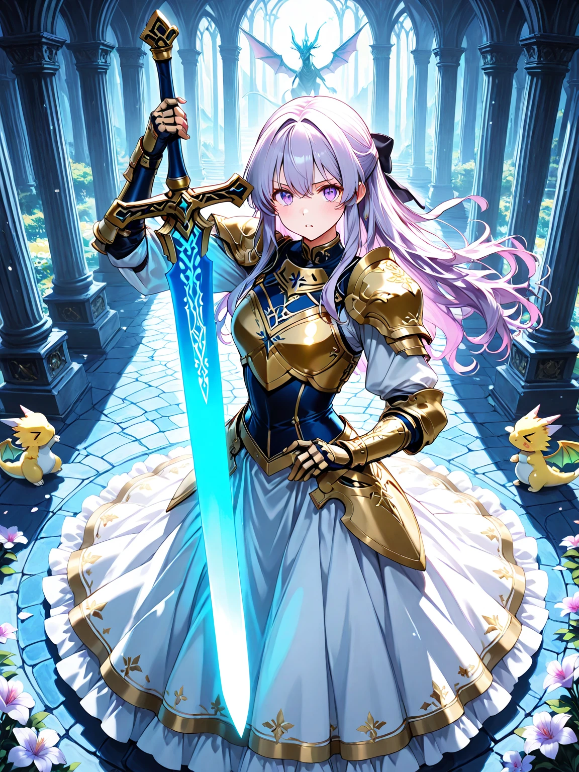A woman in a white dress holding a sword in a dark room - SeaArt AI