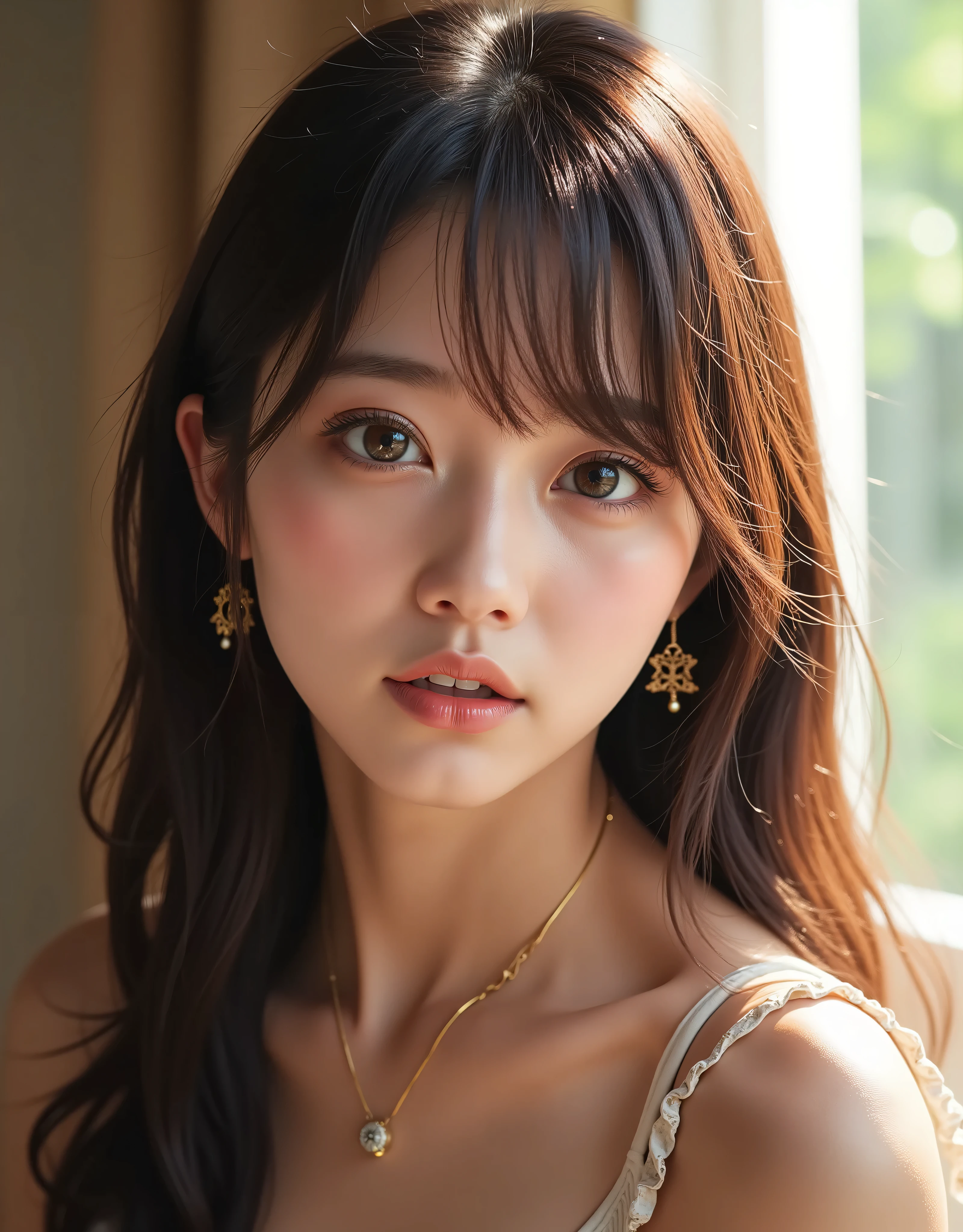((photorealistic:1.5)), (masterpiece),(Highest Quality:1.5), ( bright professional lighting ), (visible), (absurd), ((An impressive head portrait of a pretty, medium-sized brown woman with brown eyes)), (20-year-old Japanese woman), (Refreshing Atmosphere), ((Profile picture of a cute smiling woman with slightly visible teeth)), (living room with gentle, beautiful light shining in), ((Beautiful brown hair swaying in the breeze covering her cheeks)), ((has bangs and is making a small scream:1.8)), ((don't show your hands)), (Photographing beautiful and cute moments), Realistic Skin, (real beautiful blue eyes), (Eye Catching Light), Realistic eyebrows, Real long eyelashes, charming and stylish gold necklace, (Color temperature 5000K)