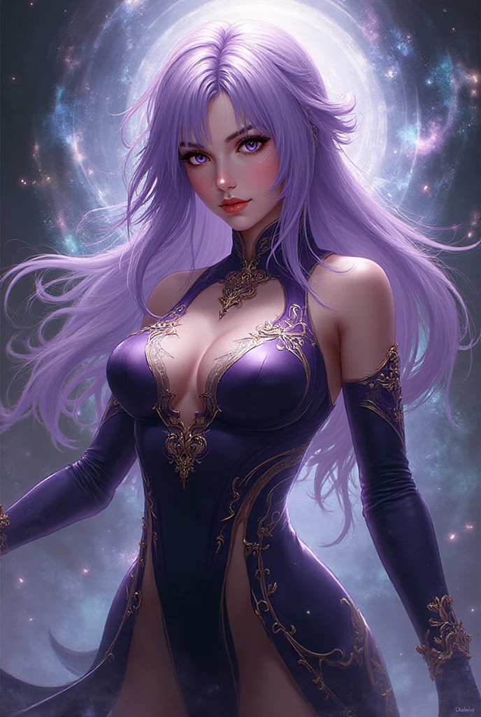 Close up of a sexy enchanting sorceress in black dress, hourglass figure, flowing purple hair, lush purple lips, mesmerizing blue eyes, highly detailed eyes, curvy, looking at viewer, enchanting viewer with magic, smiling, purple haired sorceress, young, beautiful, powerful, magical woman, dark fantasy, sexy girl, super villain, real, symmetrical, high detail, best quality
