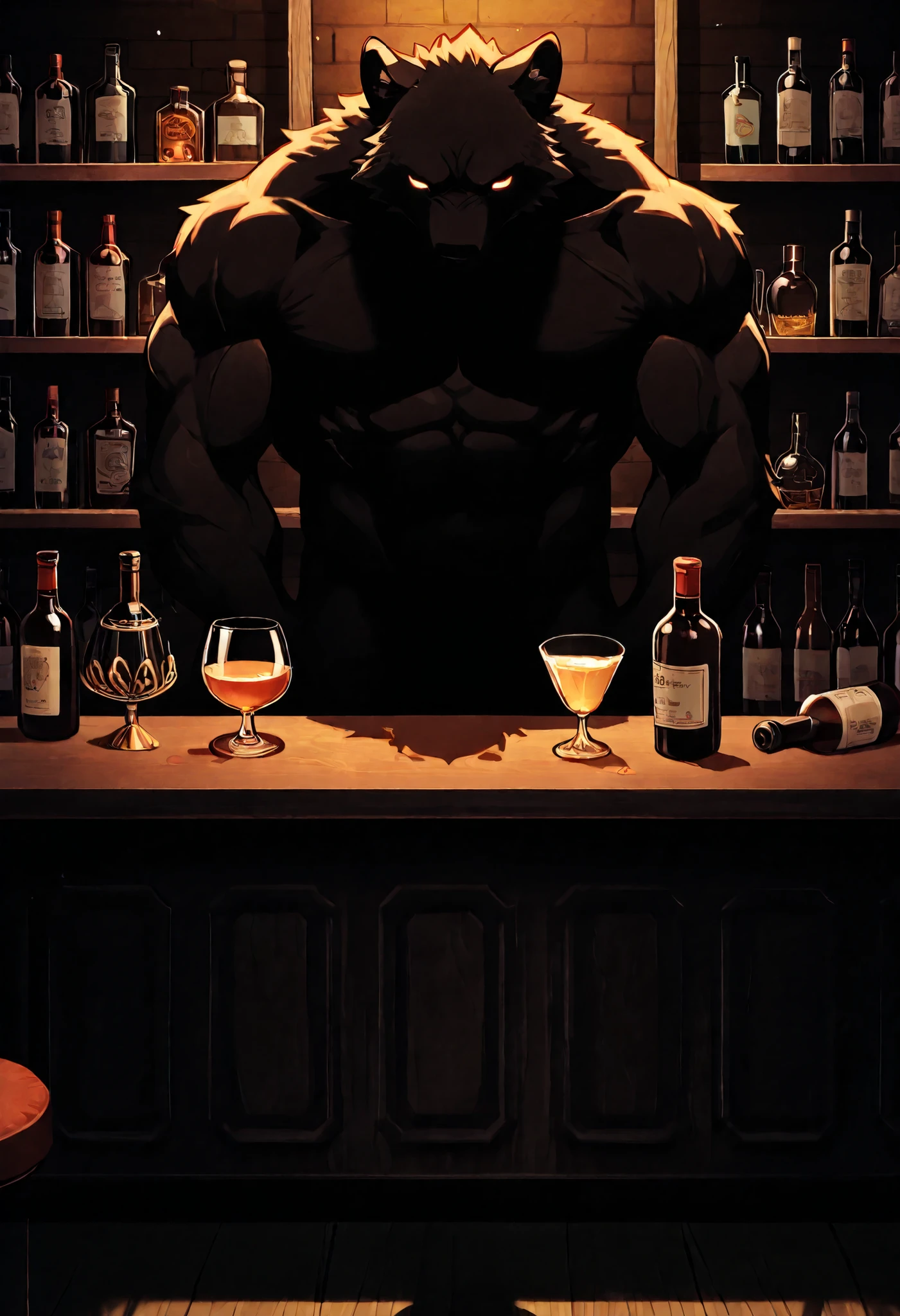commission for high res, anthropomorphic, there is a shadow, Mysterious beastfolk shadow, Mysterious Shadow, Behind the counter bar, a ton of golden bells, bar, standing behind the bar, glassware, bottle of wine, cocktail, dim, mysterious, dark, shadow,