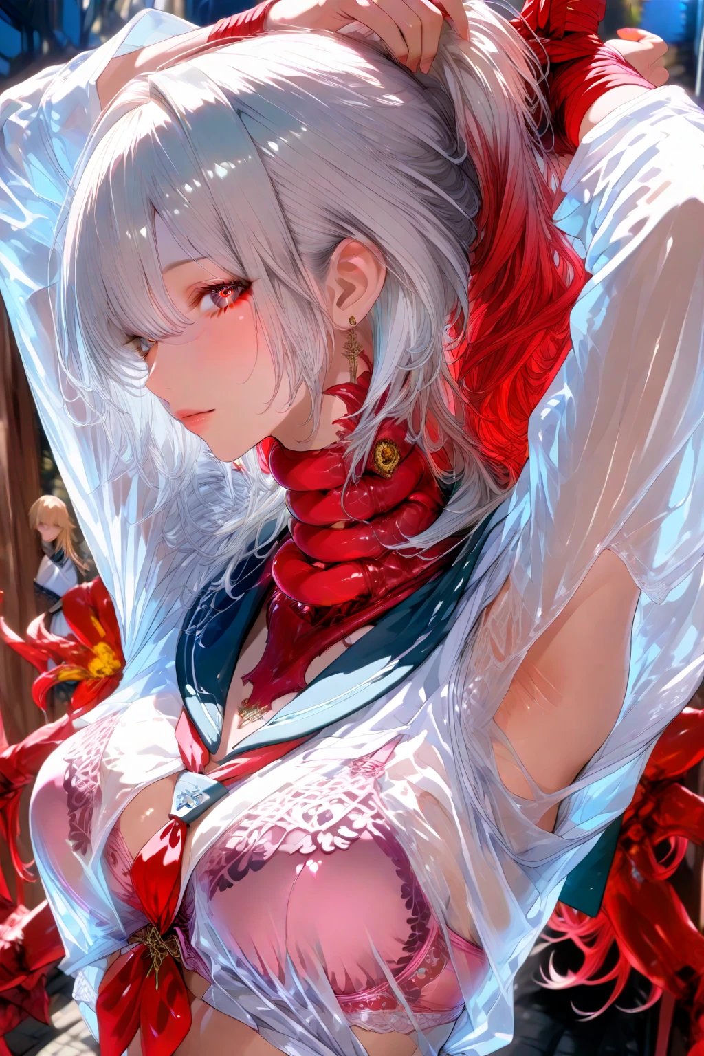 ((masterpiece, best quality)), Delicate face，Dragon Rider，Standing picture，whole body，Perfect body proportions，Long legs，Handsome short hair，Nice red eyes，Fantasy style，White background，Extremely beautiful，transparent，Pure white armor，Sexy bikini，Flame Surround，chain，Tattoo，Lace，exposed