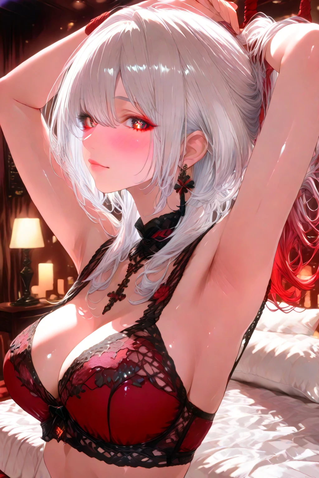 (((depict very young girll))), (((top-quality, masterpiece))), 4k, HD, silver hair, ((bob cut)), one braid, ((red rose in hair)), green eyes, (((sofisticate lingerie))), ((lace lingerie details)), black and red lingerie, many white ribbons, maid, lovely, sexy pose, smile, happy, warm, ((small breasts)), nice hips, (Masterpiece, Excellent, complex details), delicate girl, delicate face, knightly atmosphere