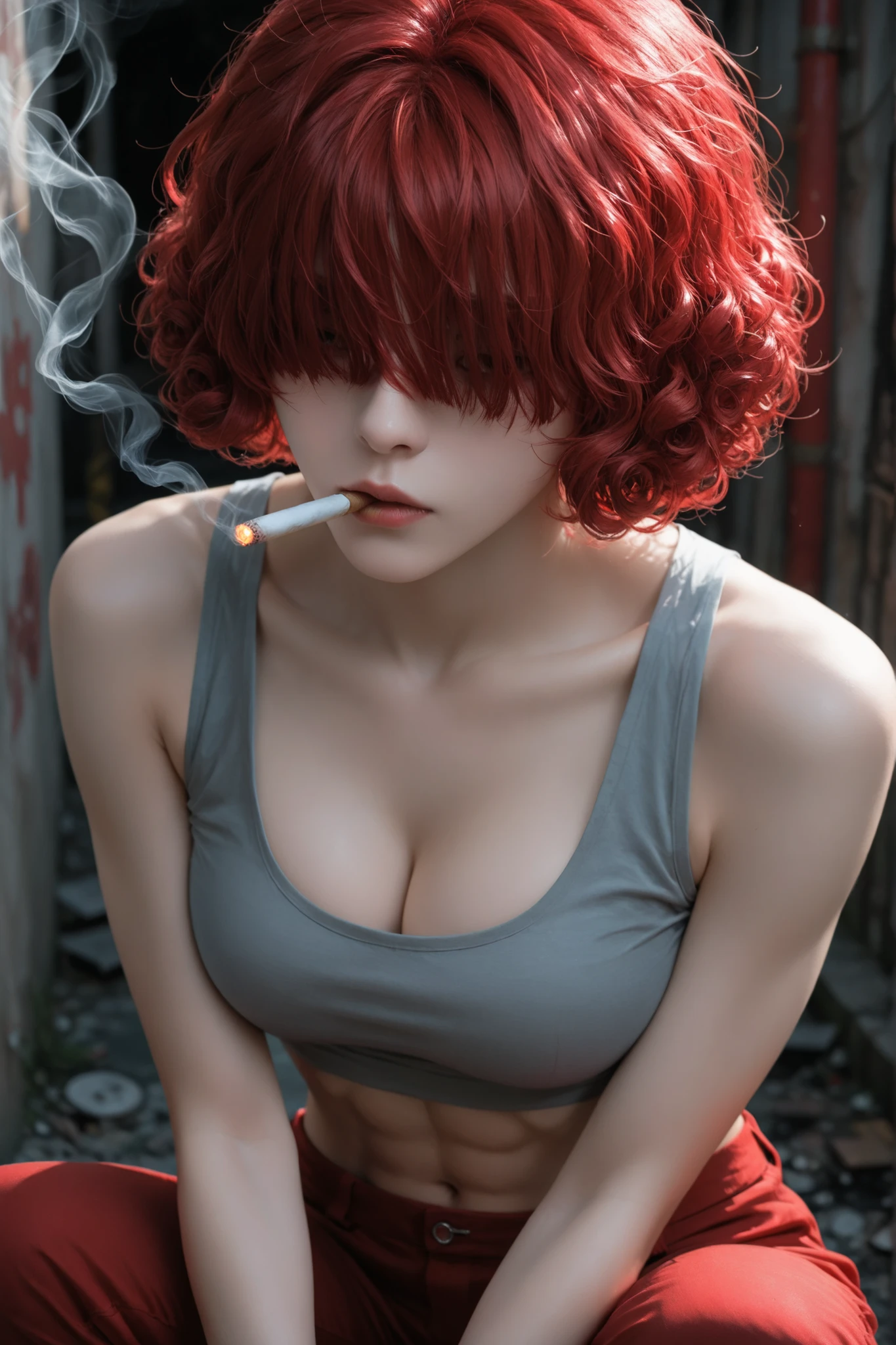 1girl, red hair, gray tank top, crop top, red pants, smoking, abandoned street, short hair, curly perm, red light, red lighting, hair over eyes close up, crouching, cleavage, abs