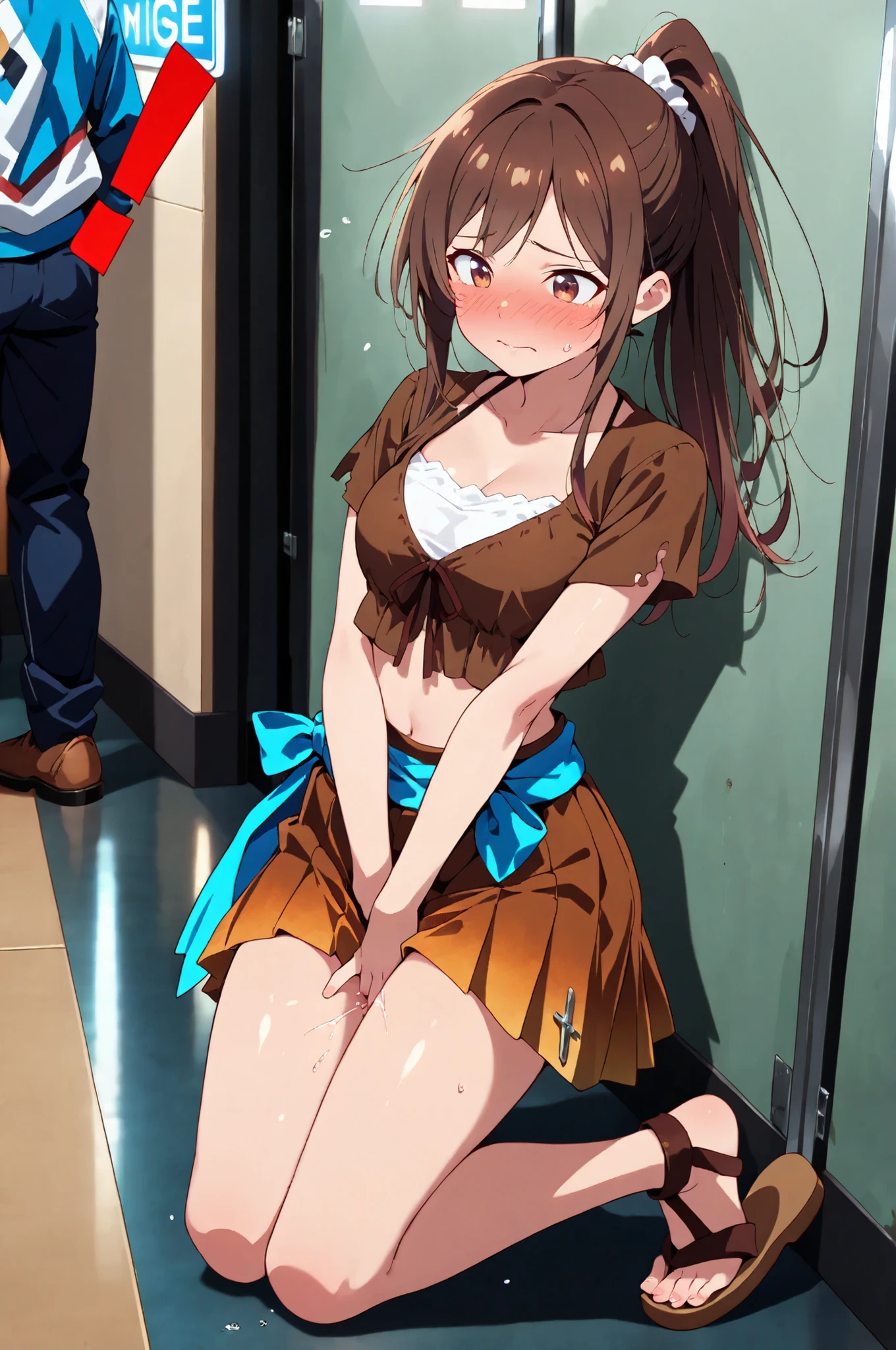 best quality, (masterpiece:1.2), detailed, <lora:chara_SuiseiNoGargantia_Saaya_v1:0.7> saaya sng, 1girl, long hair, black hair, brown eyes, sidelocks, large breasts, red crop top, yellow sleeves, detached sleeves, pink belt, midriff, cleavage, red skirt, necklace, beads, prostitution:1.2, public use, holding money, outdoors, against wall, shipyard, industrial, torogao, looking back, exhibitionism, public indecency, after sex, leaning forward, skirt rolled up, suggestive fluid, cum on legs, from side,