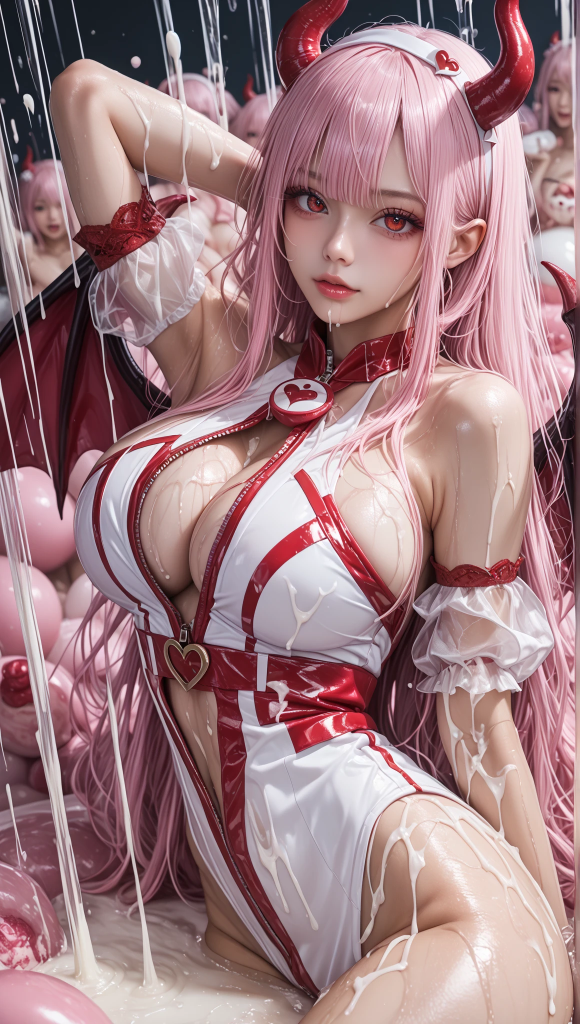 pvc revoltech,Crystal clear red eyes,Troubled face,Crying face,Cute,A sexy,White sheer costume,cute beautiful girl, Constriction,big breasts thin waist,slimming slim big breasts,cleavage of the breast,Milking,Lace Bra,Shining blonde ponytail with no decorations,Transparent panties exposed,Off-the-shoulder see-through shirt,Transparent glossy vinyl skirt,Embarrassing pose,kept in a glass case,motor show,