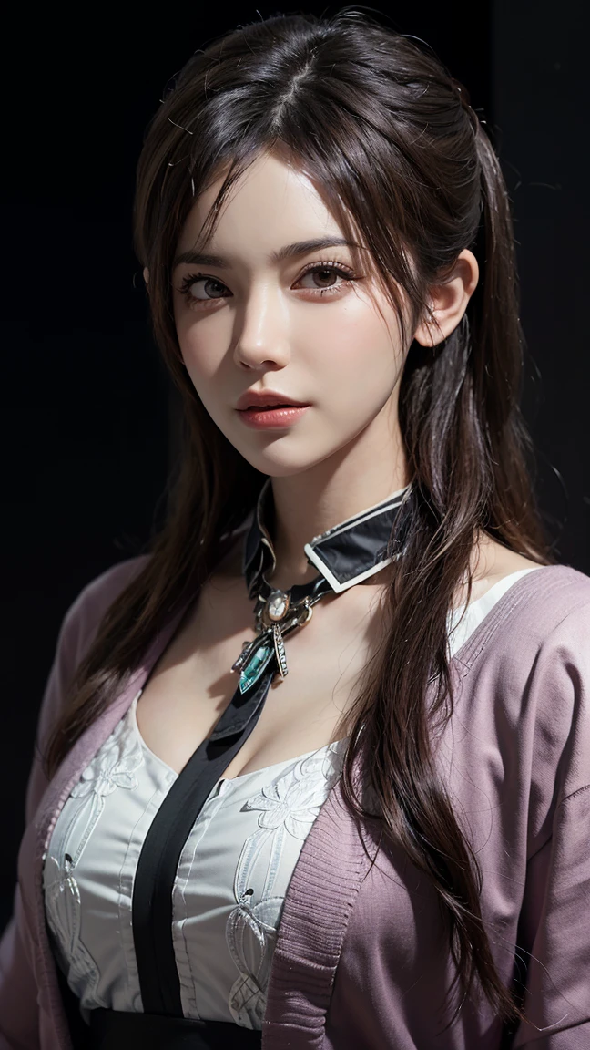 8K, best qualtiy, masterpiece, photograph realistic, Hide your face with happiness, black Lolita costume, Lace, Aerith Gainsborough, whole body, ,   shoulders, do lado de fora, outside, Covered with snow, cloaks, high high quality, Adobe Lightroom, highdetailskin, looking at viewert,