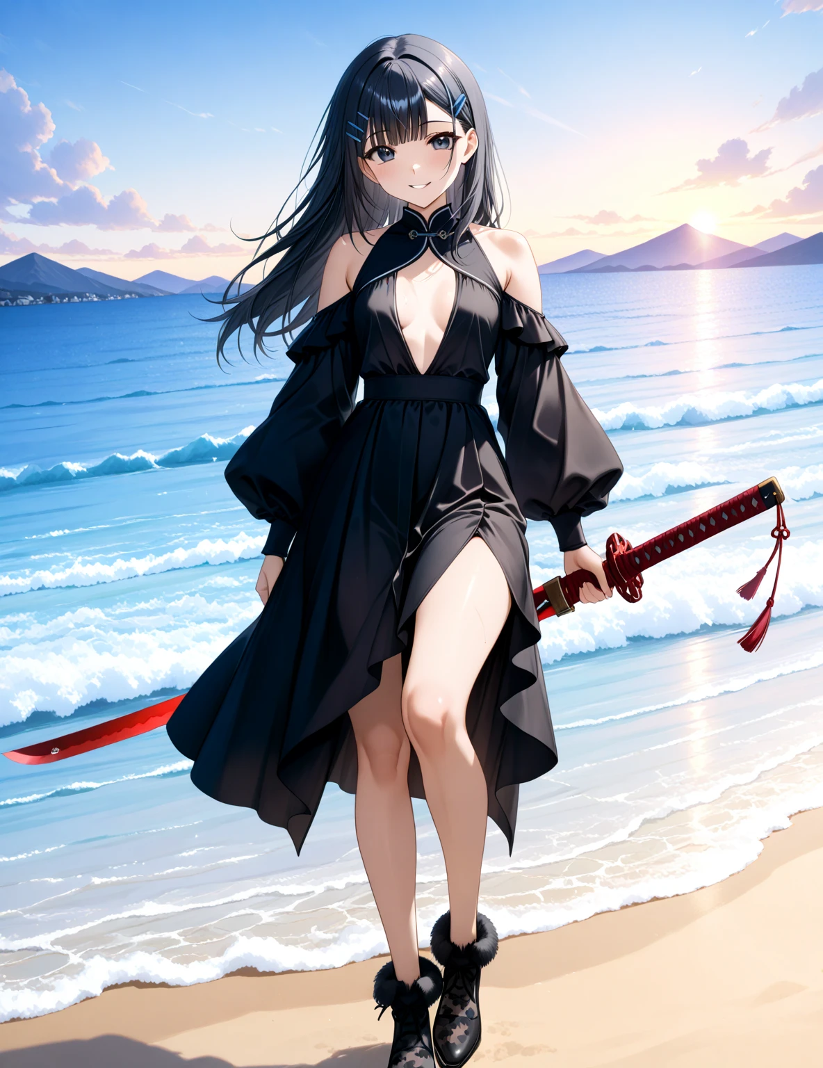 shinomiya kaguya, red eyes, black hair, red hair ribbon, folded_ponytail, hair_ribbon, red_eyes,masterpiece,high quality,8k,(detailed eyes:1.4),(small breast:1.1),1girl,solo,BREAK
stretch silk floral applique evening dress from Valentino featuring a round neck, long sleeves, a concealed rear zip fastening, a tie waist and a flared skirt,BREAK
Coastal town with fishing boats in the marina having a vista view of the ocean,BREAK
high quality, 8k, beautiful lighting, beautiful, natural volumetric lighting, high detail BREAK
(perfect hands, perfect anatomy), <lora:loveiswar:1>