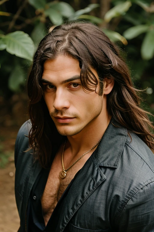  male angel brown long hair and intense look