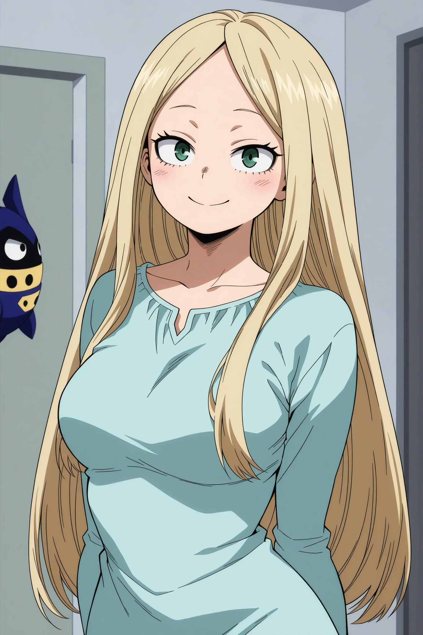 Boku no hero academia style, detailed background, 1girl, vollumptous, medium breasts, straight hair, no bangs, long hair, blonde hair, green eyes, smiling 