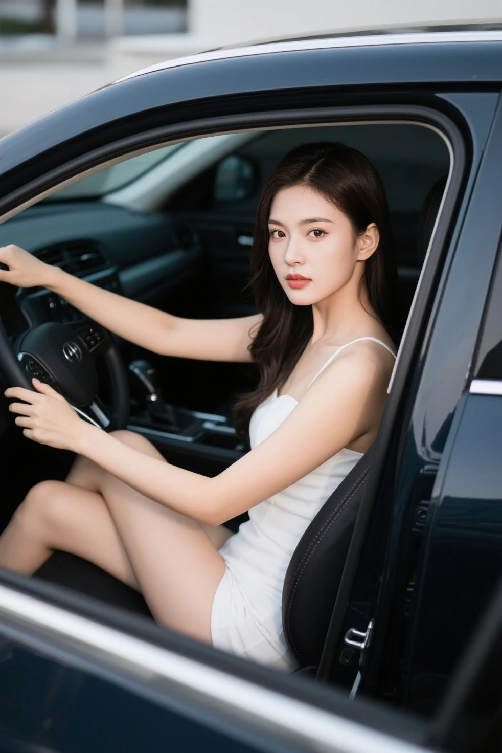 Woman sitting in the driver's seat of a car and holding the steering wheel.wearing a white dress .45 years old. Has big breasts of J cup.,Rounded buttocks,Beautiful woman with slender,looking camera,Wear clothing that does not expose too much skin.Suspicious expressions