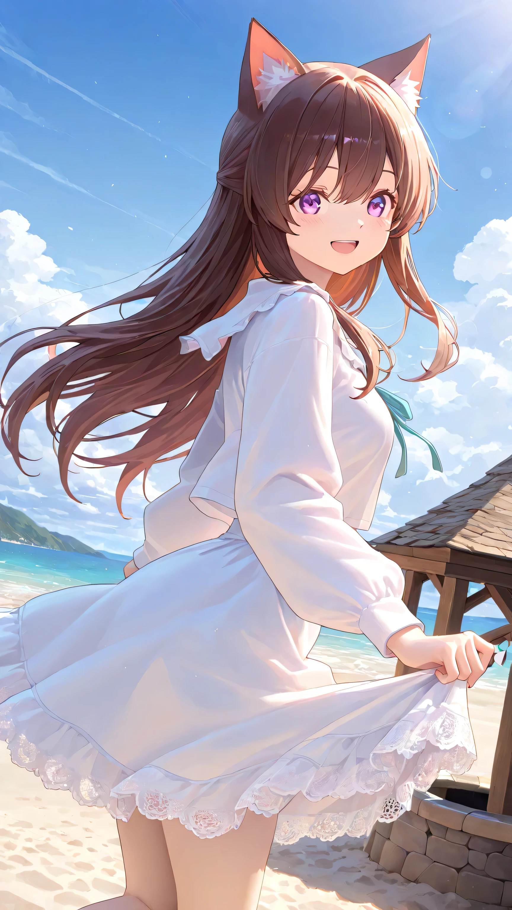 1 girl, Cat ear girl,Long hair ,skirt,Lace,Smile,Open mouth smile,happy,outdoor,blue sky and white clouds,beach,seaside, ray tracing, best lighting , cinematic composition, Pretty faces ,Best Quality, Very beautiful, super high resolution, best quality, comics, Pastel Details ,See, and a cafe with a soft atmosphere , style, solo,well-crafted hair and eyes,walk,Advanced CG illustration